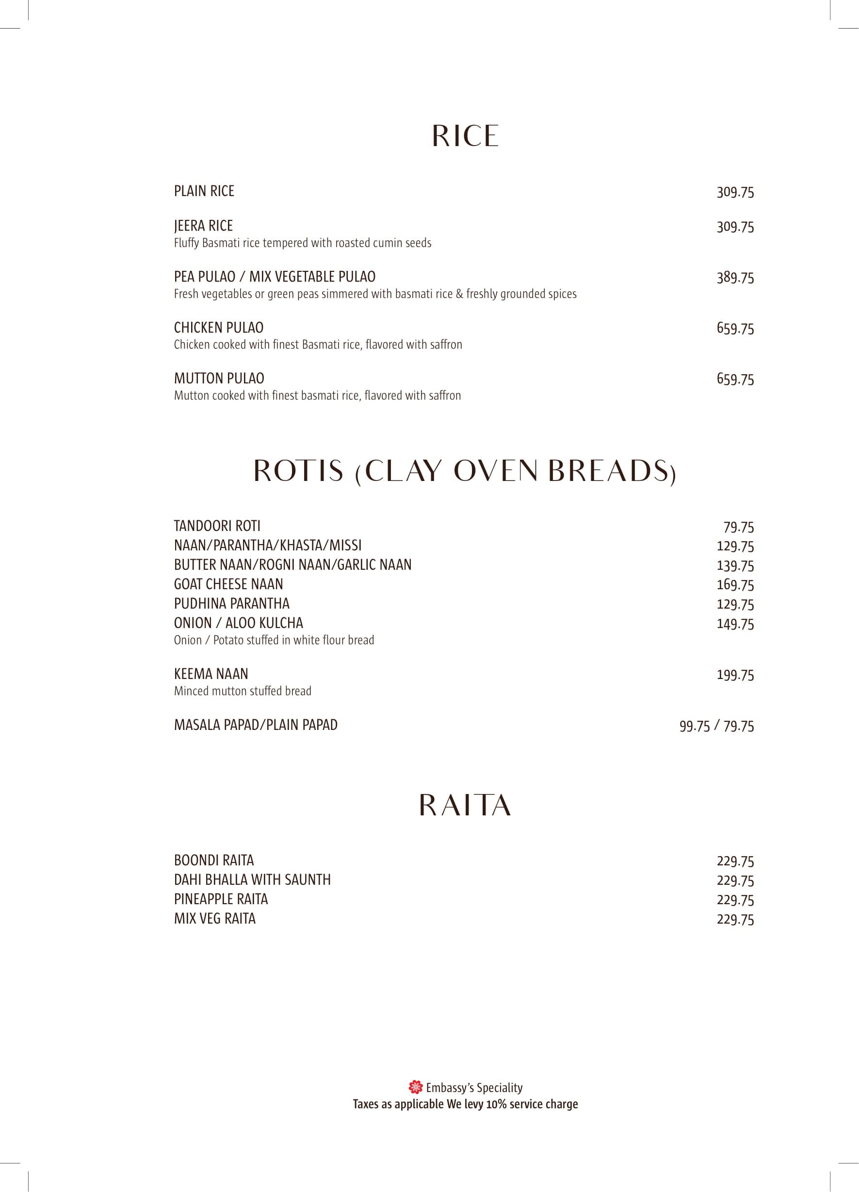 Dining Experience for Two at The Embassy, Central Delhi — Food menu