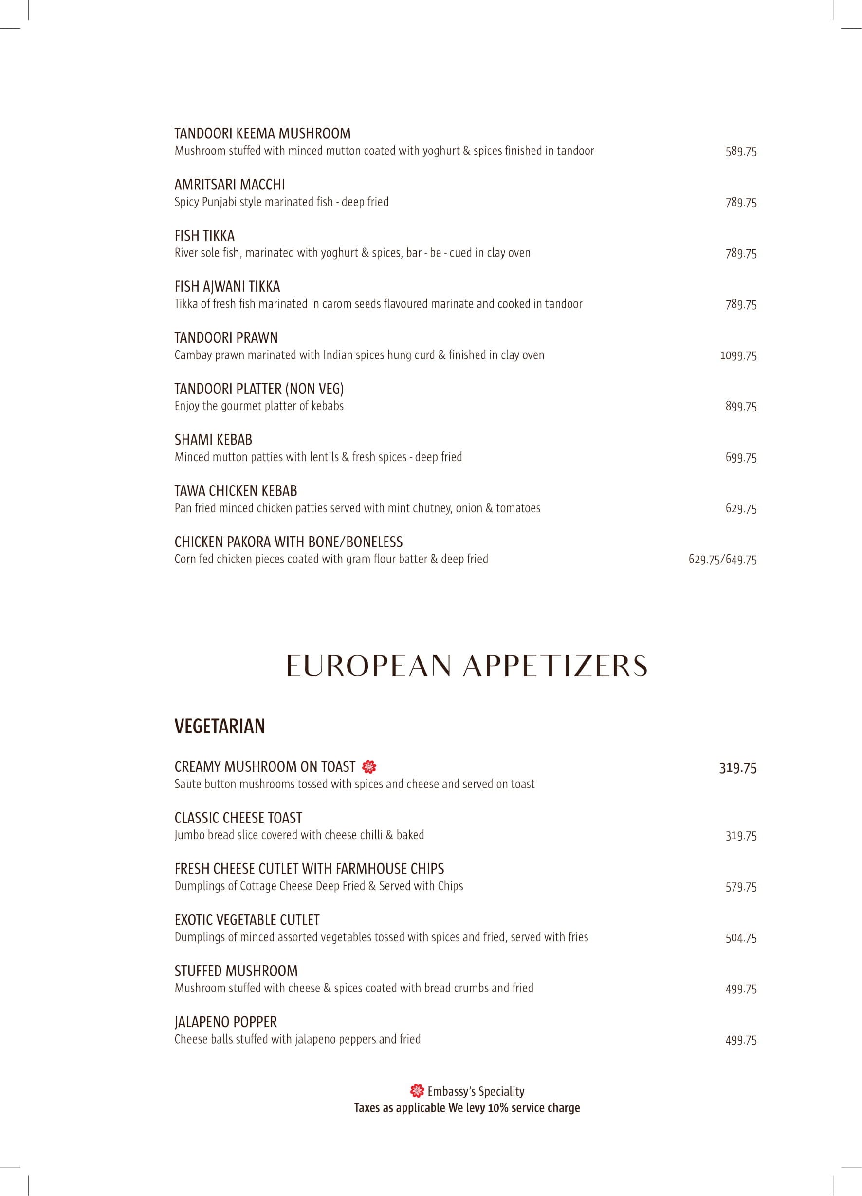 Dining Experience for Two at The Embassy, Central Delhi — Food menu
