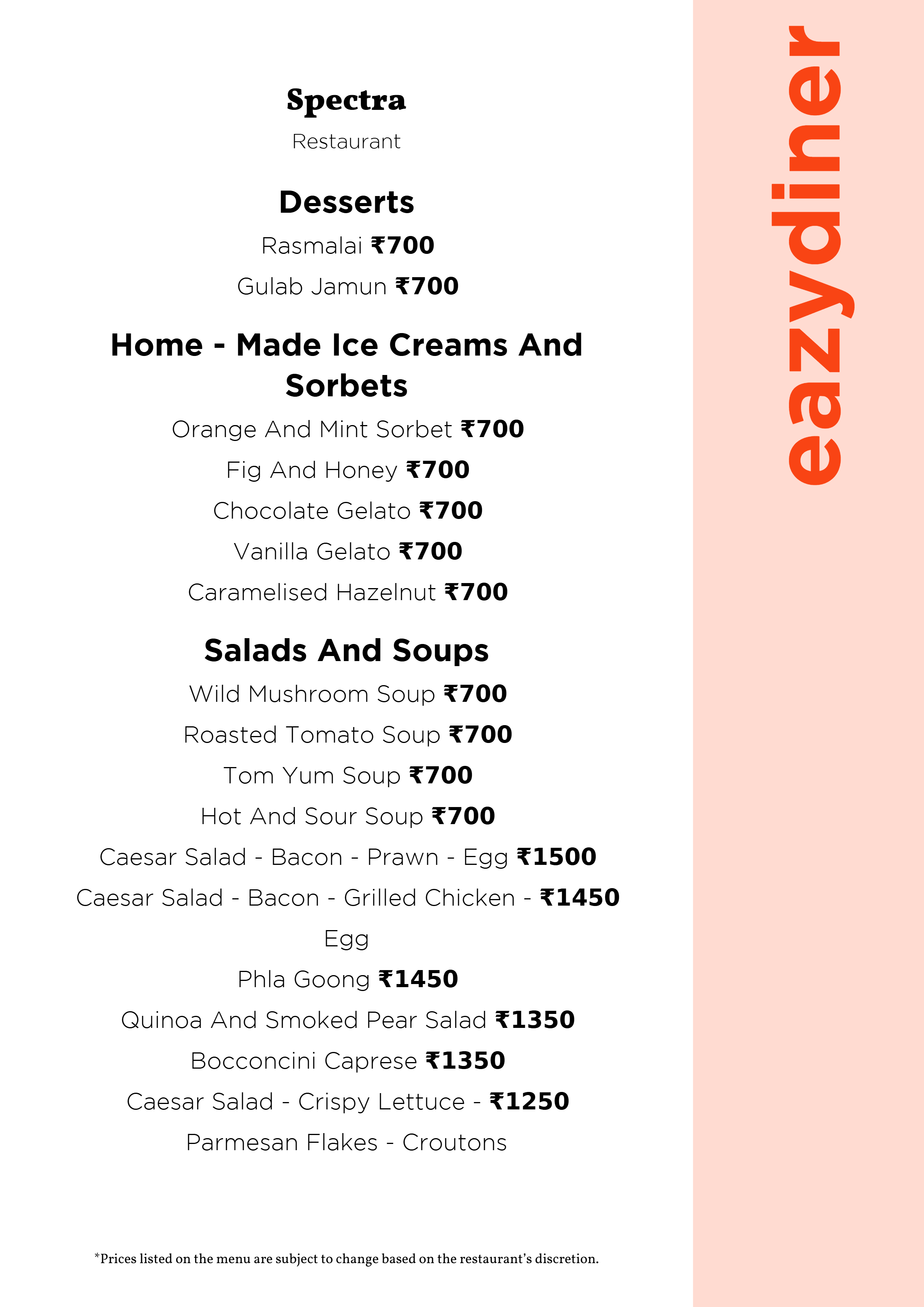 Menu of Spectra, The Leela Ambience, Gurgaon