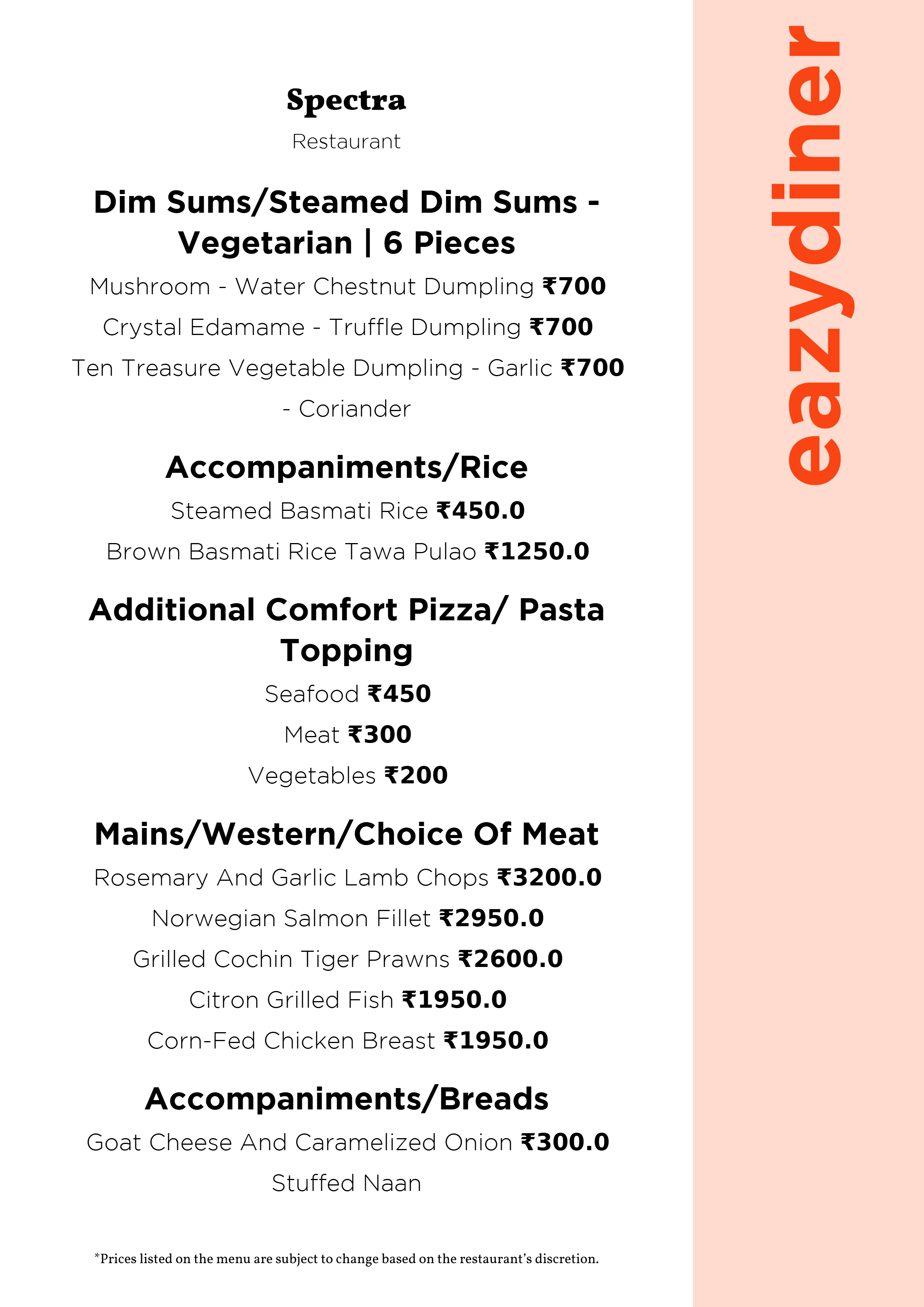 Menu of Spectra, The Leela Ambience, Gurgaon