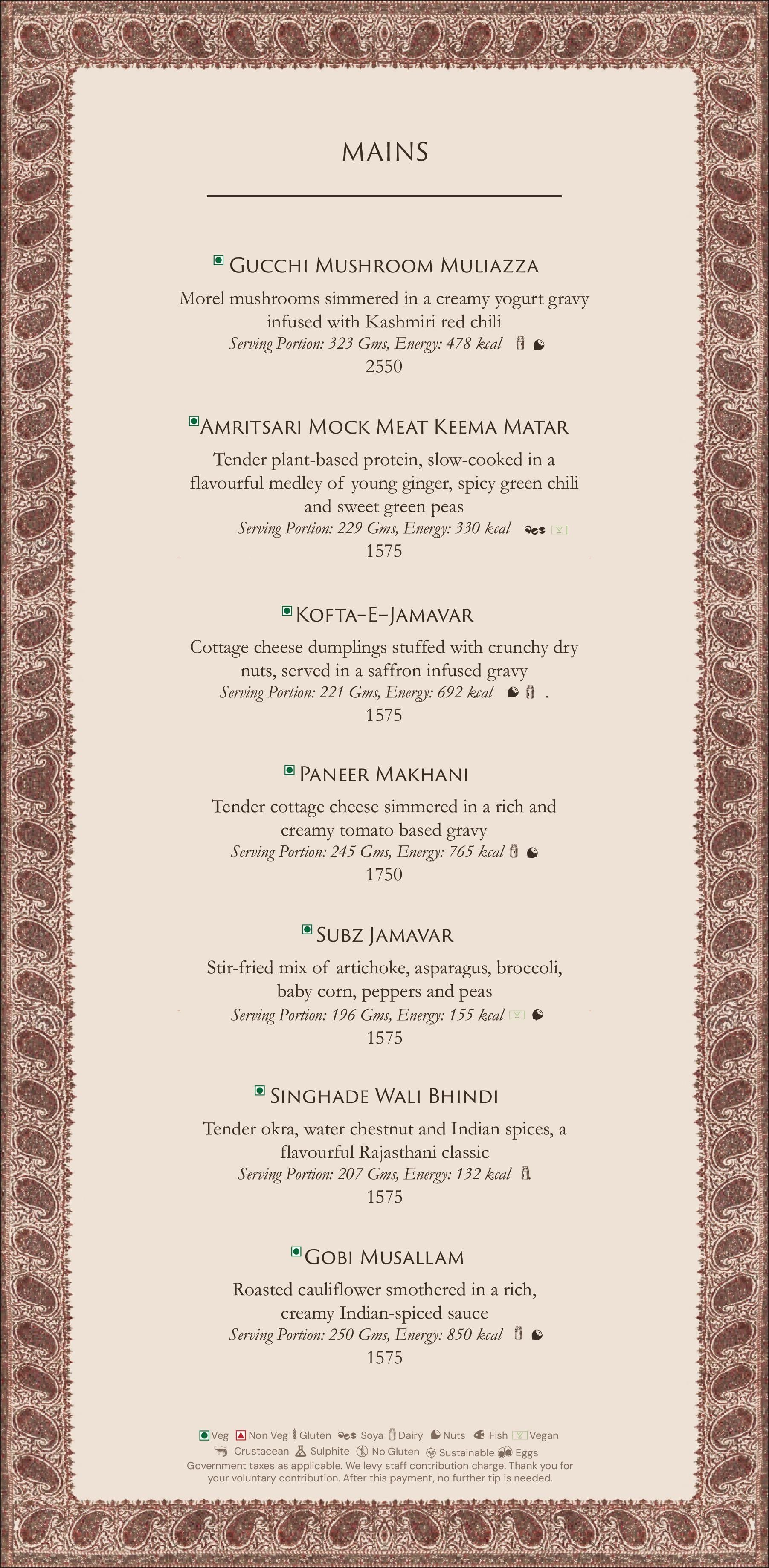 Dining Experience for Two at Jamavar, New Delhi — Food menu