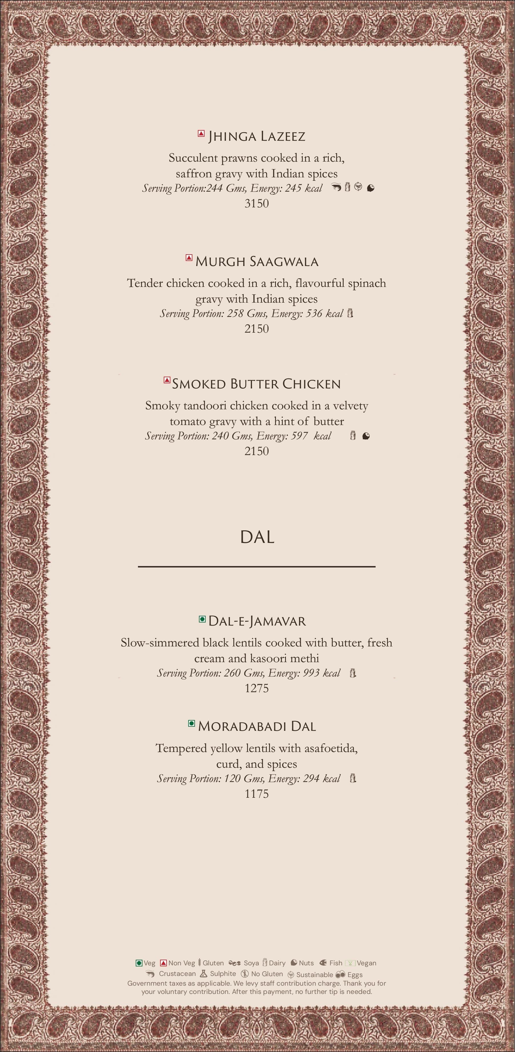 Dining Experience for Two at Jamavar, New Delhi — Food menu