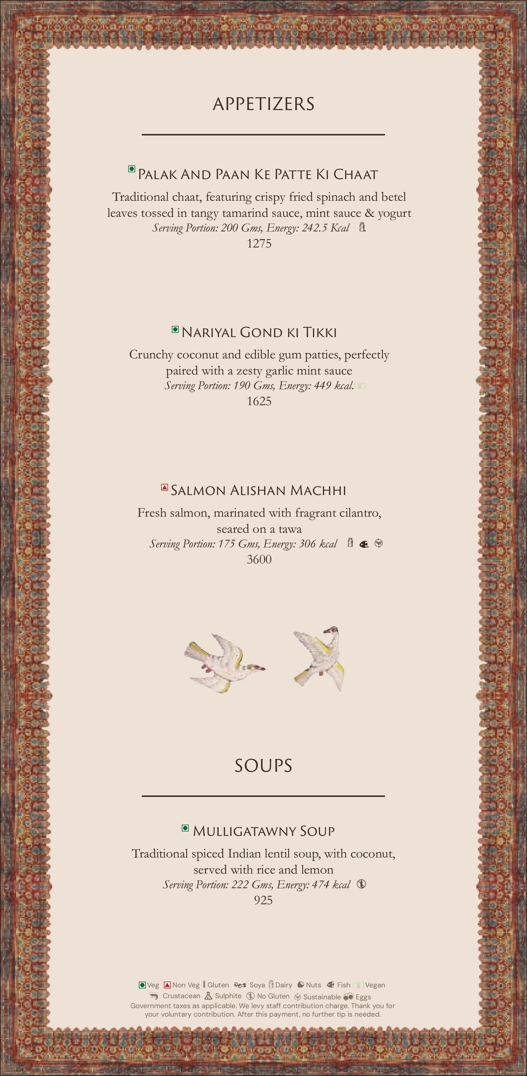 Dining Experience for Two at Jamavar, New Delhi — Food menu