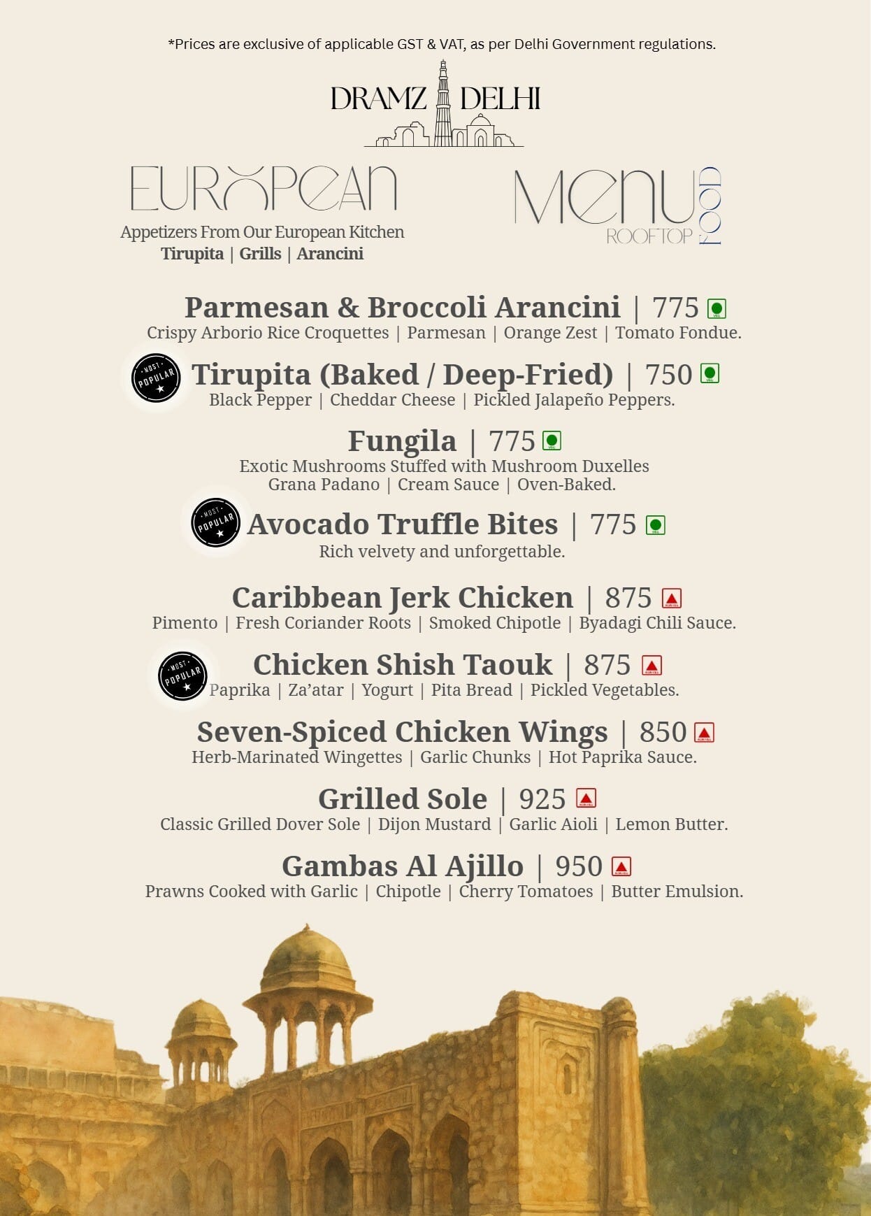 Dining Experience for Two at DRAMZ, South Delhi — Food menu