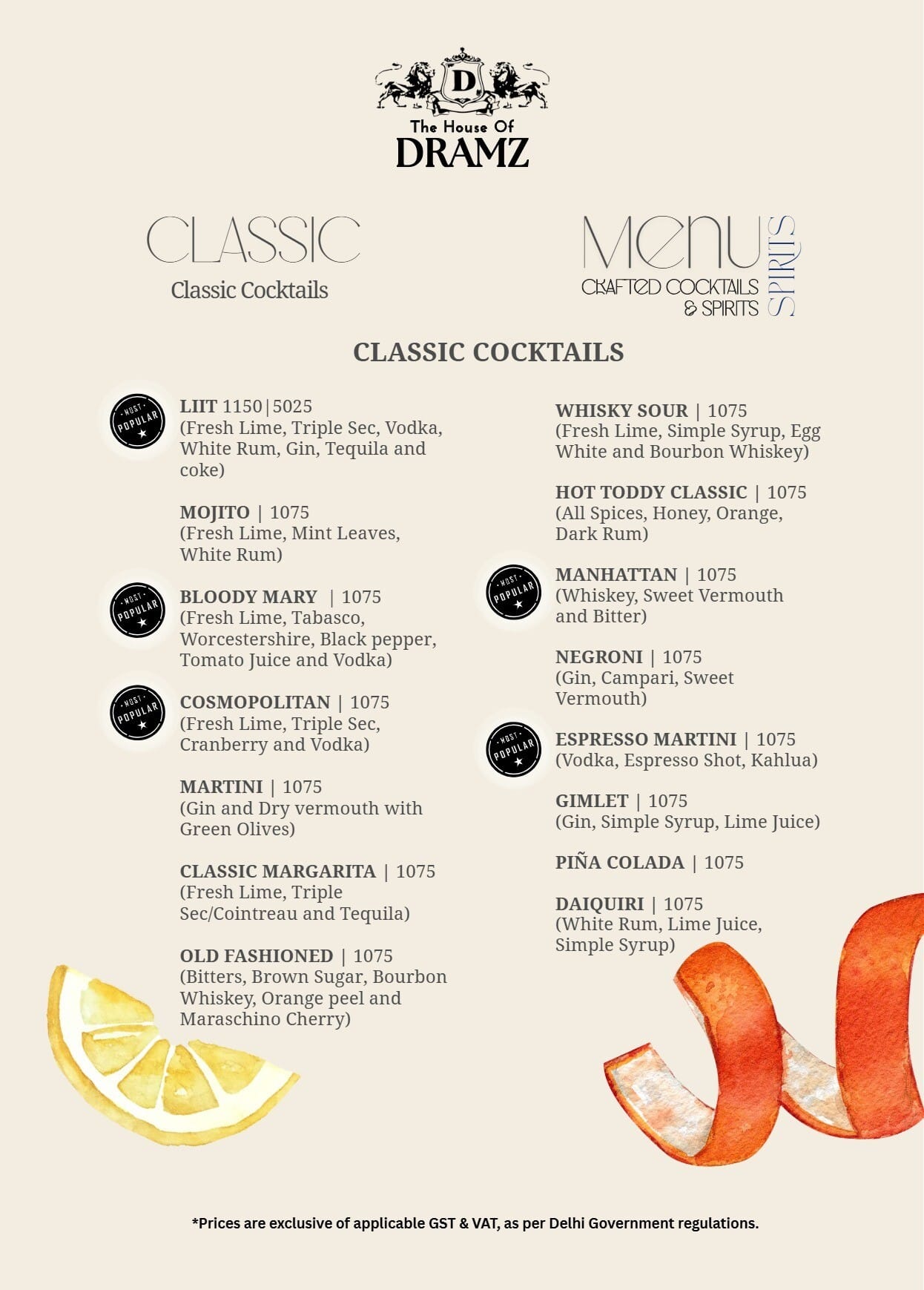 Dining Experience for Two at DRAMZ, South Delhi — Beverages menu