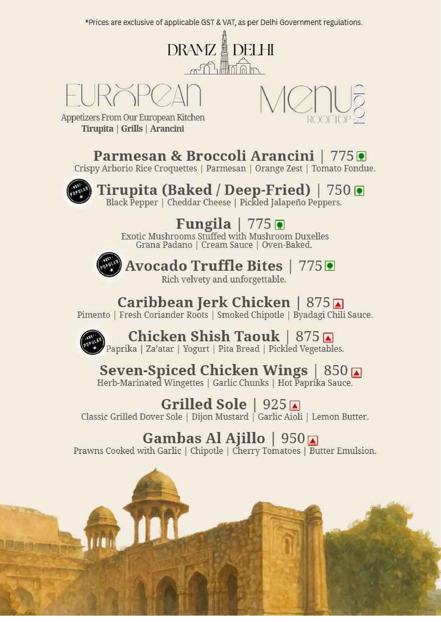 Dining Experience for Two at DRAMZ, South Delhi — Food menu