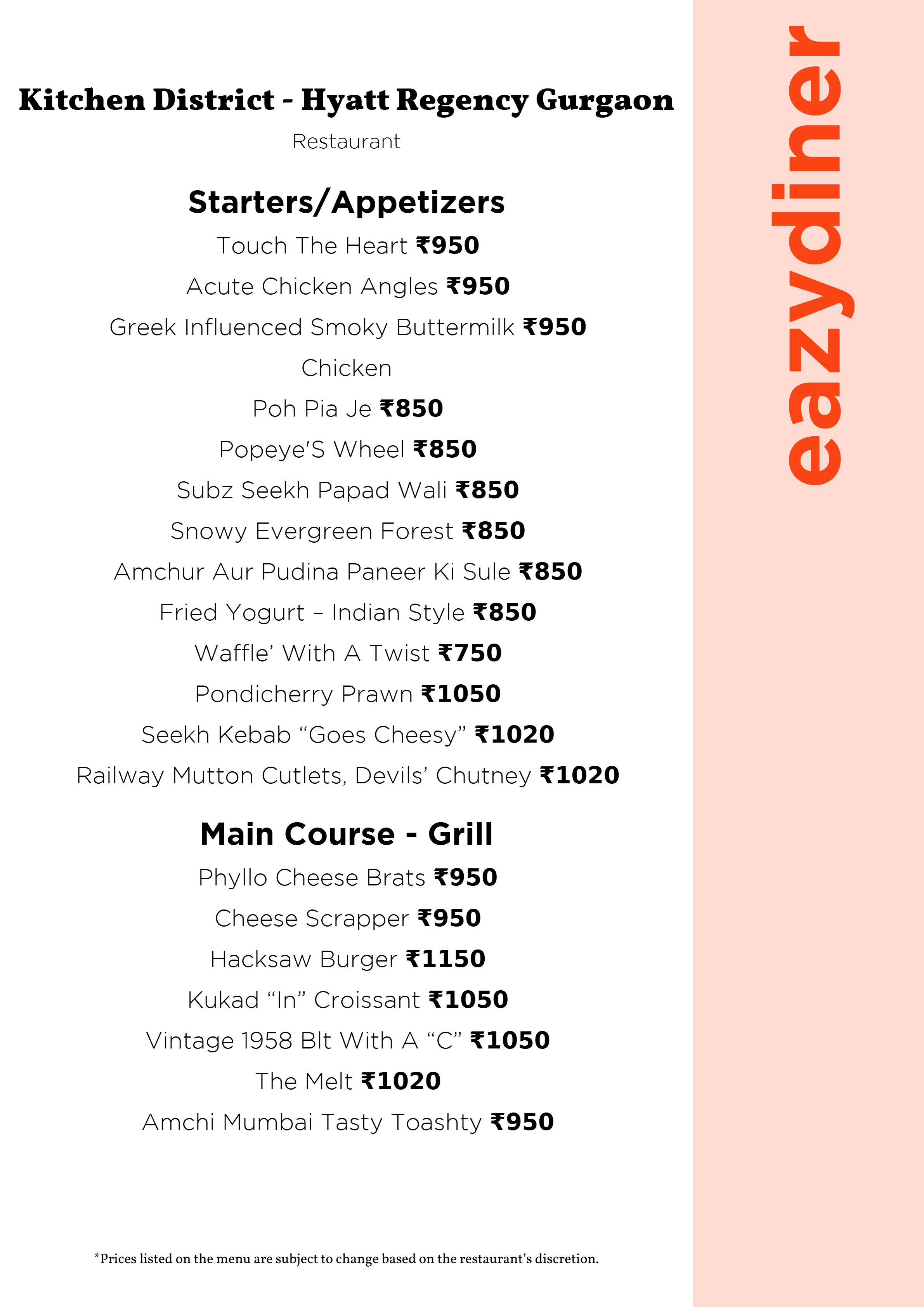 Dining Experience for Two at Kitchen District - Hyatt Regency Gurgaon, Gurgaon — Food menu