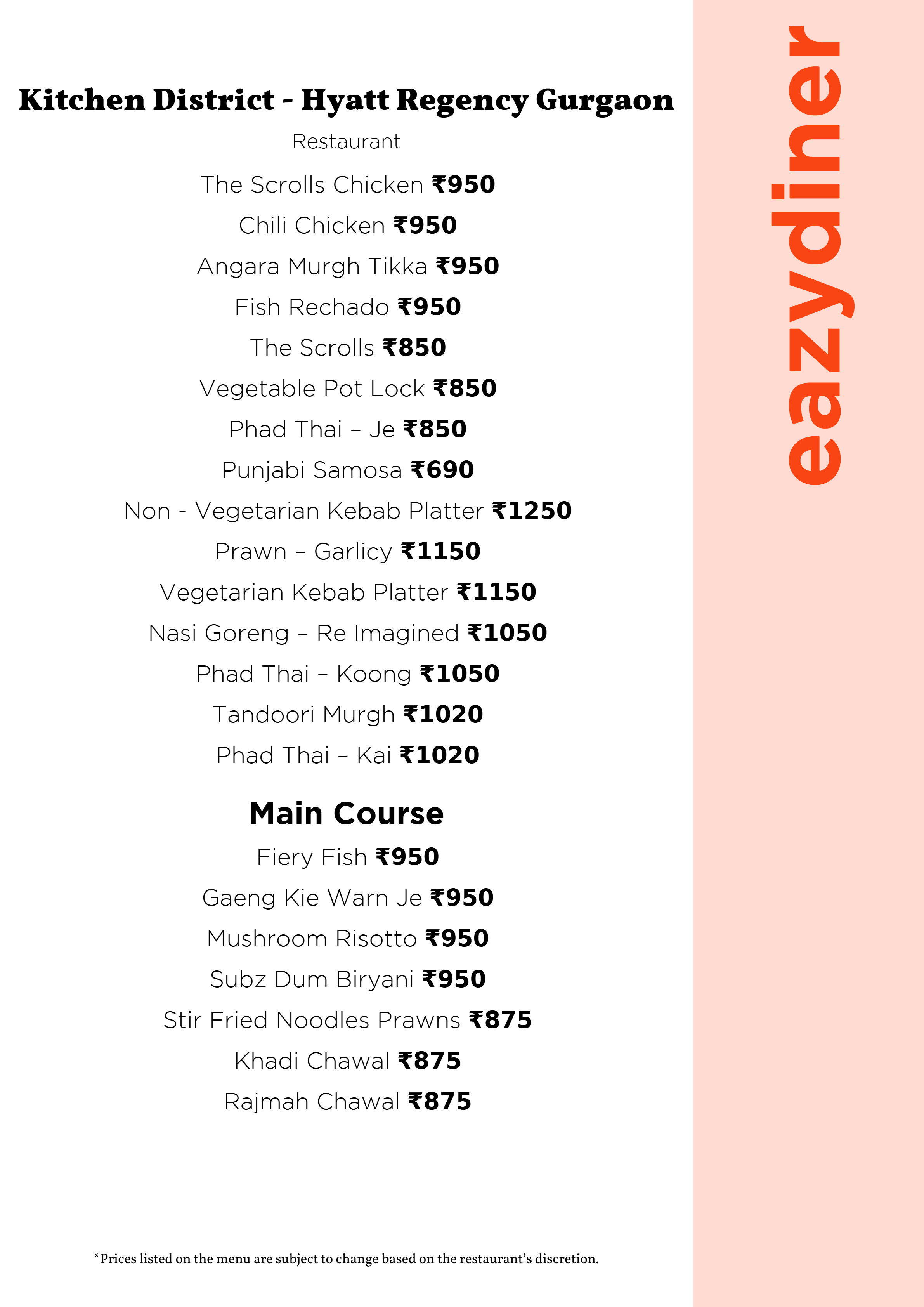 Dining Experience for Two at Kitchen District - Hyatt Regency Gurgaon, Gurgaon — Food menu