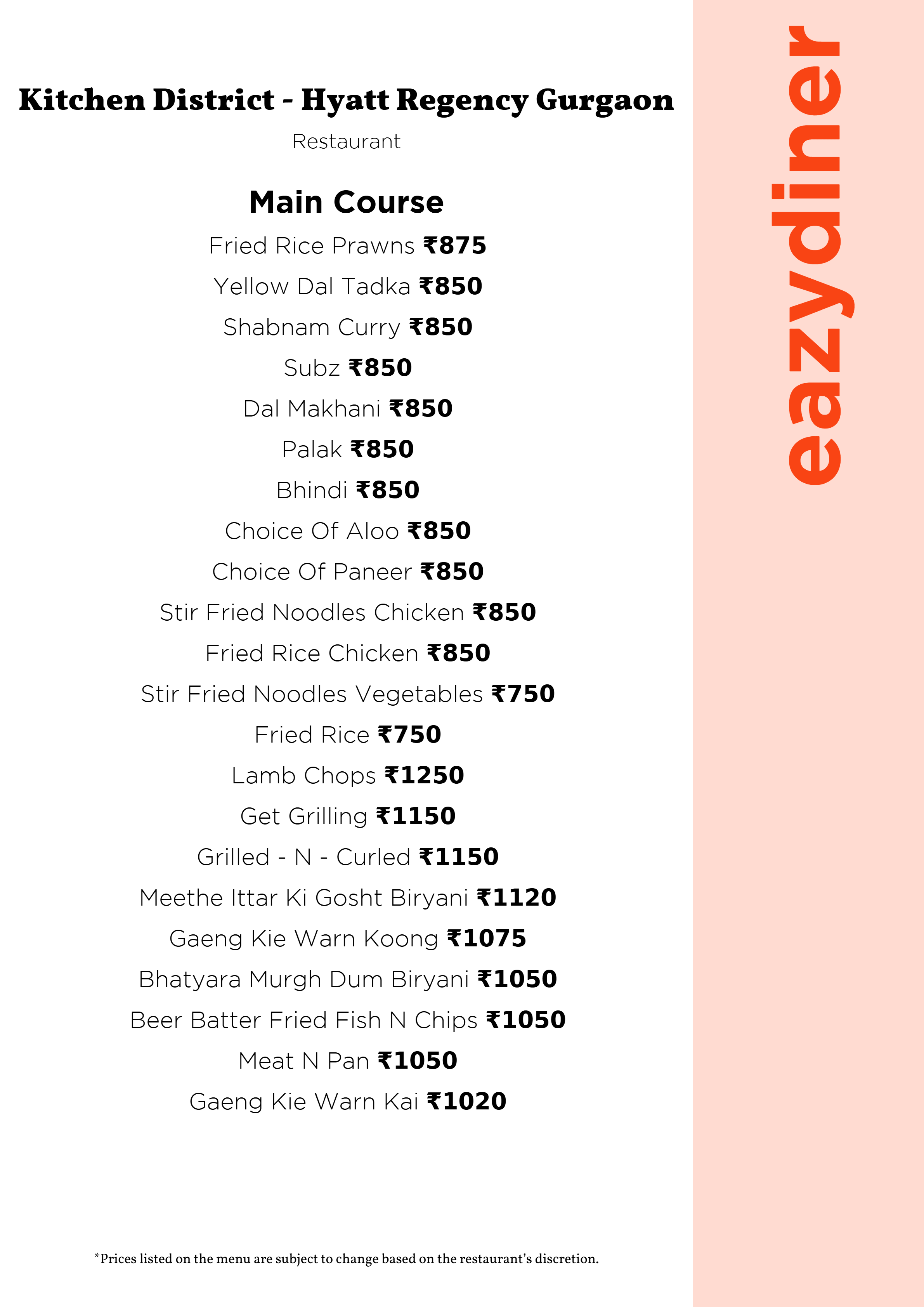 Dining Experience for Two at Kitchen District - Hyatt Regency Gurgaon, Gurgaon — Food menu