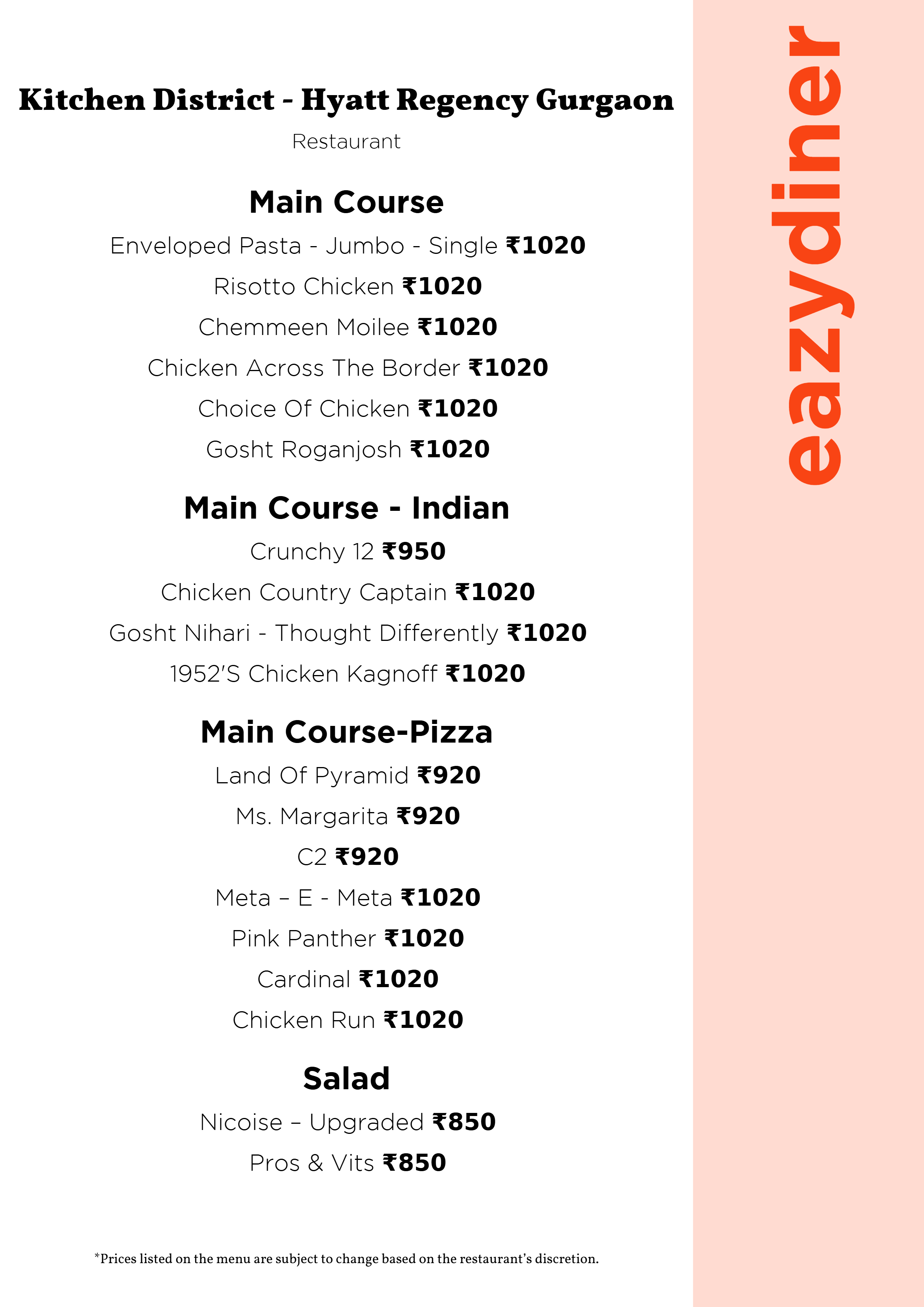 Dining Experience for Two at Kitchen District - Hyatt Regency Gurgaon, Gurgaon — Food menu