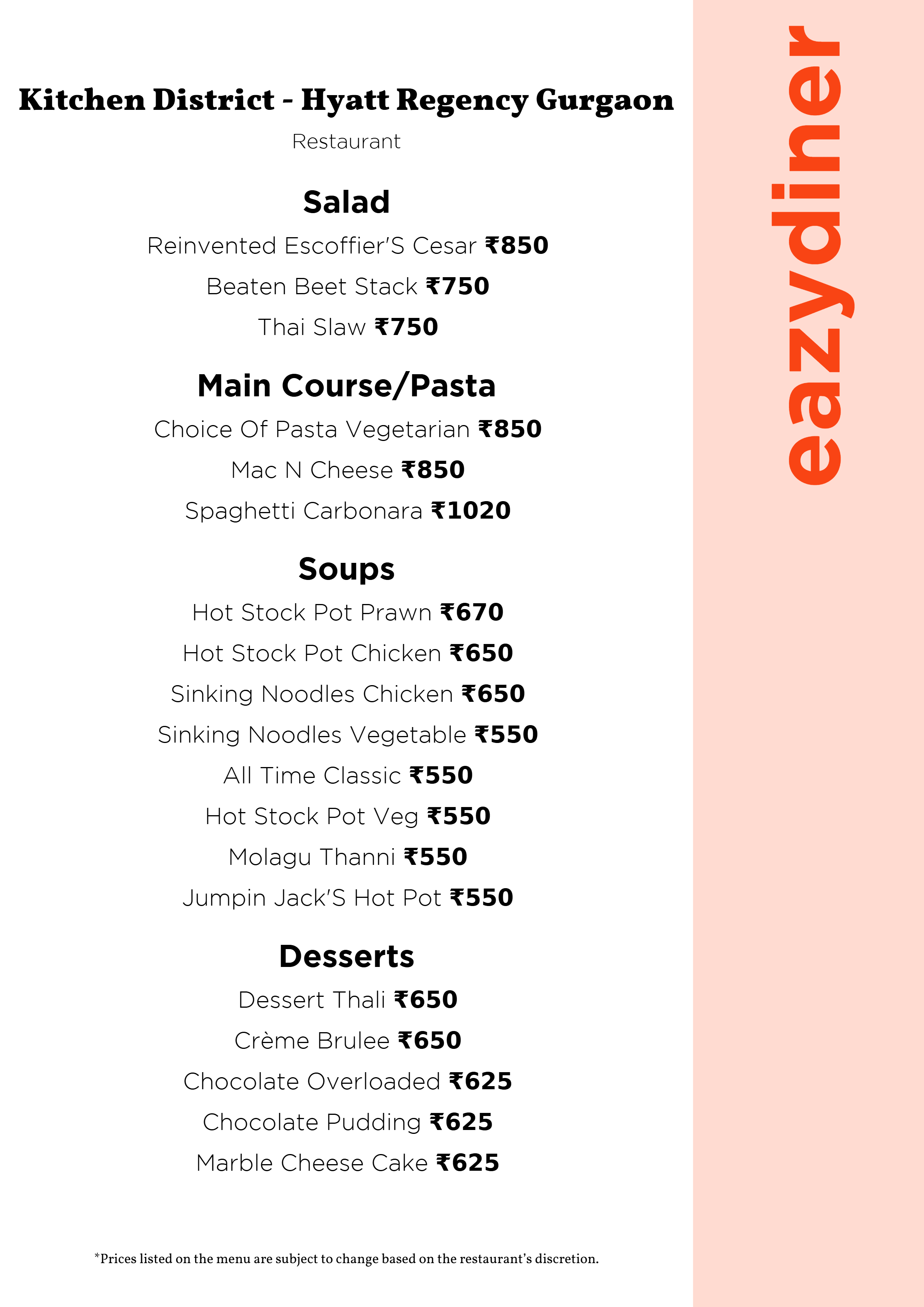 Dining Experience for Two at Kitchen District - Hyatt Regency Gurgaon, Gurgaon — Food menu