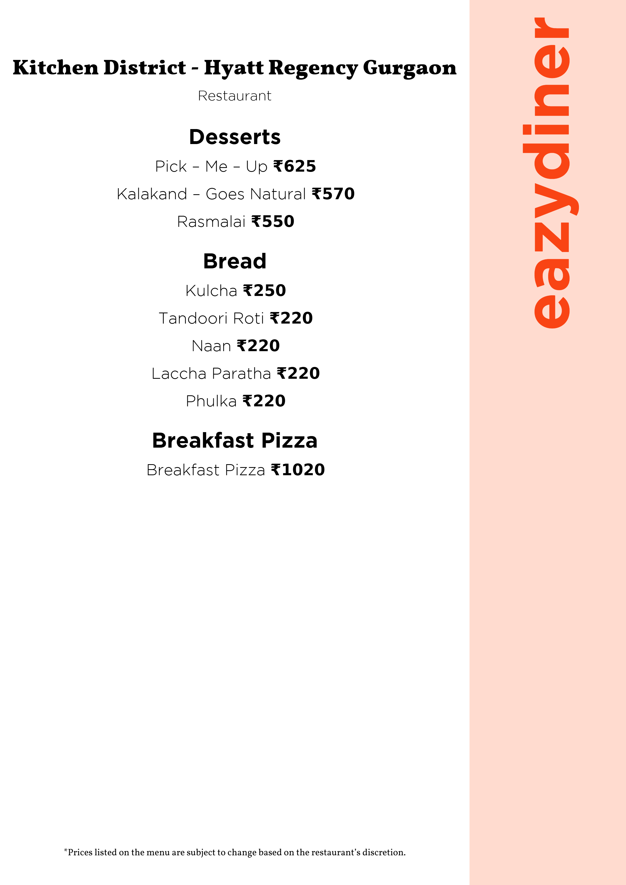 Dining Experience for Two at Kitchen District - Hyatt Regency Gurgaon, Gurgaon — Food menu