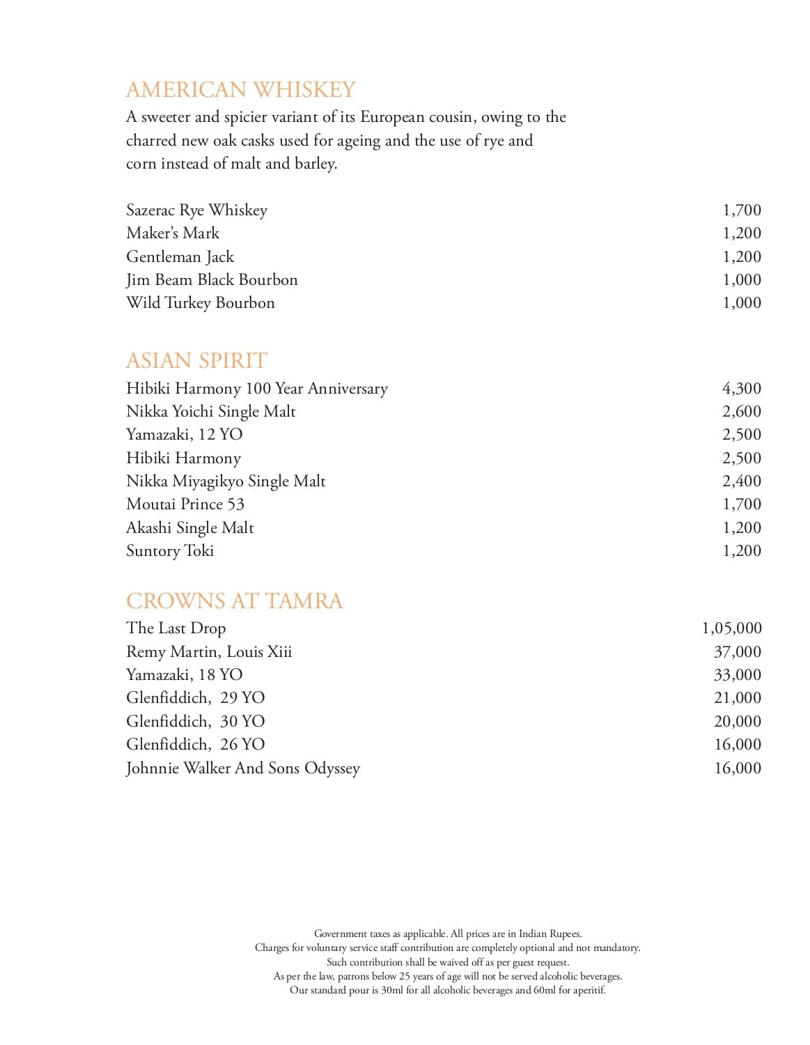 Dining Experience for Two at Tamra, Shangri-La Eros New Delhi — Beverages menu