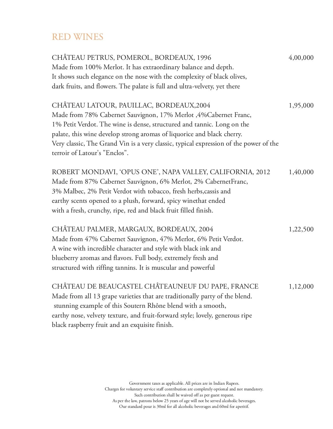 Dining Experience for Two at Tamra, Shangri-La Eros New Delhi — Beverages menu