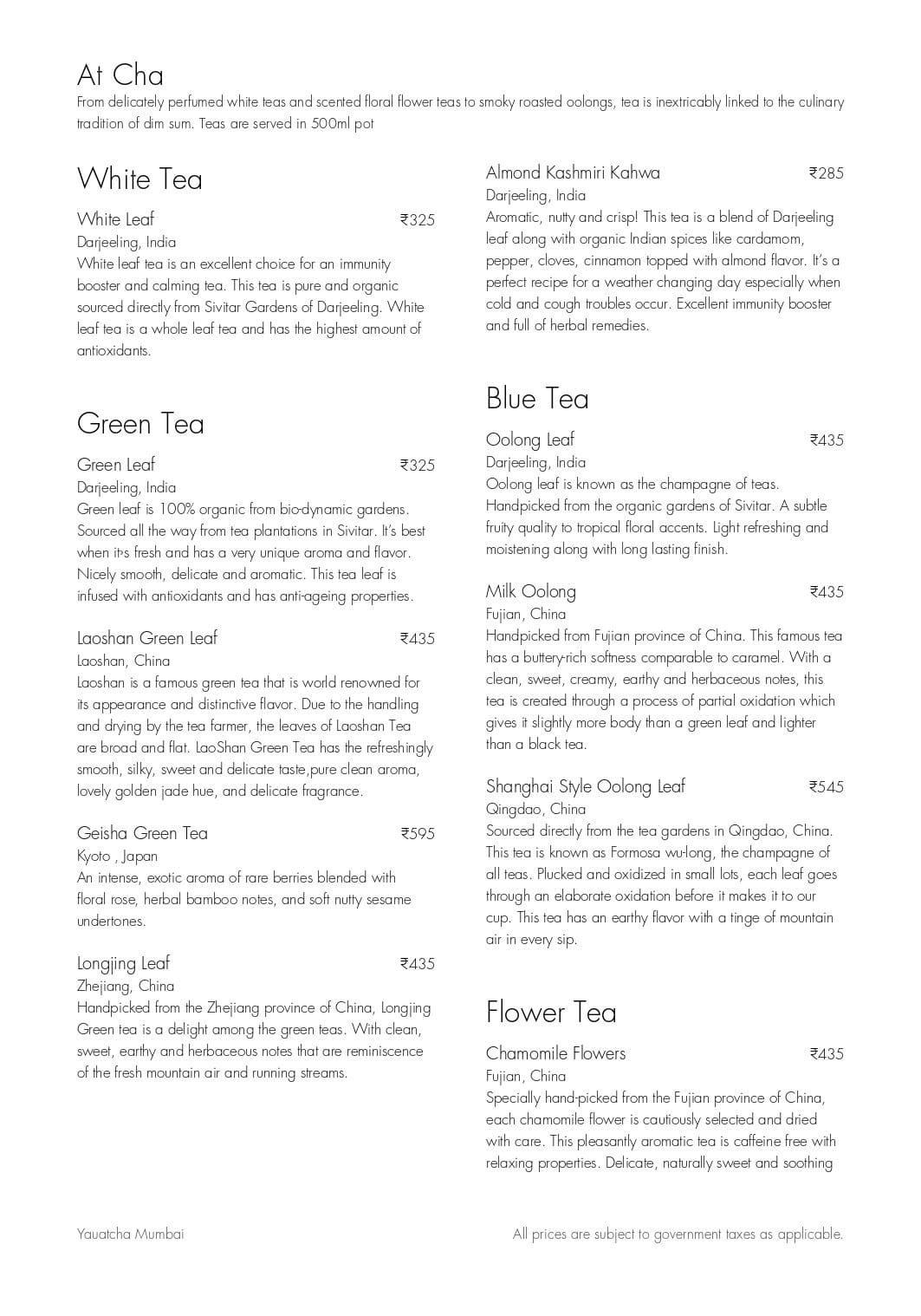 Dining Experience for Two at Yauatcha, Western Suburbs — Beverages menu