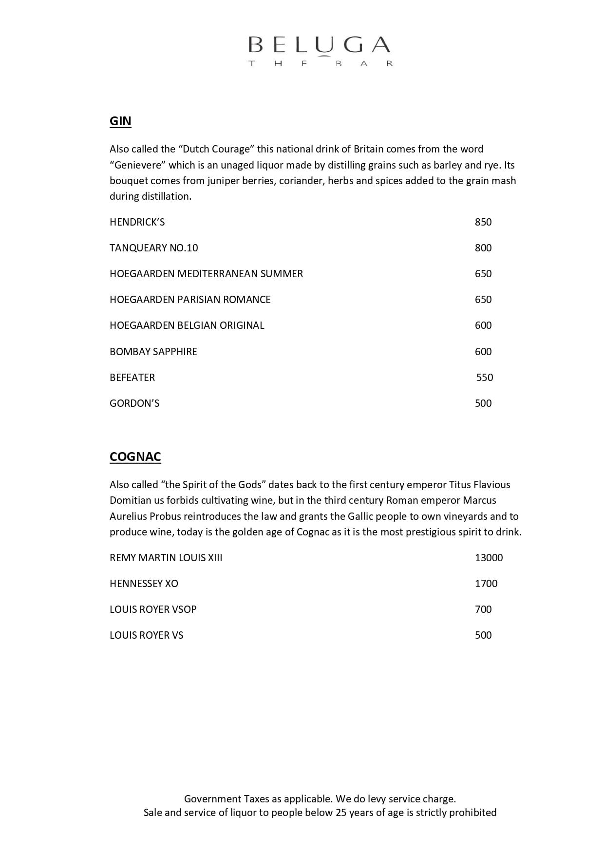 Dining Experience for Two at Beluga, Mumbai — Beverages menu