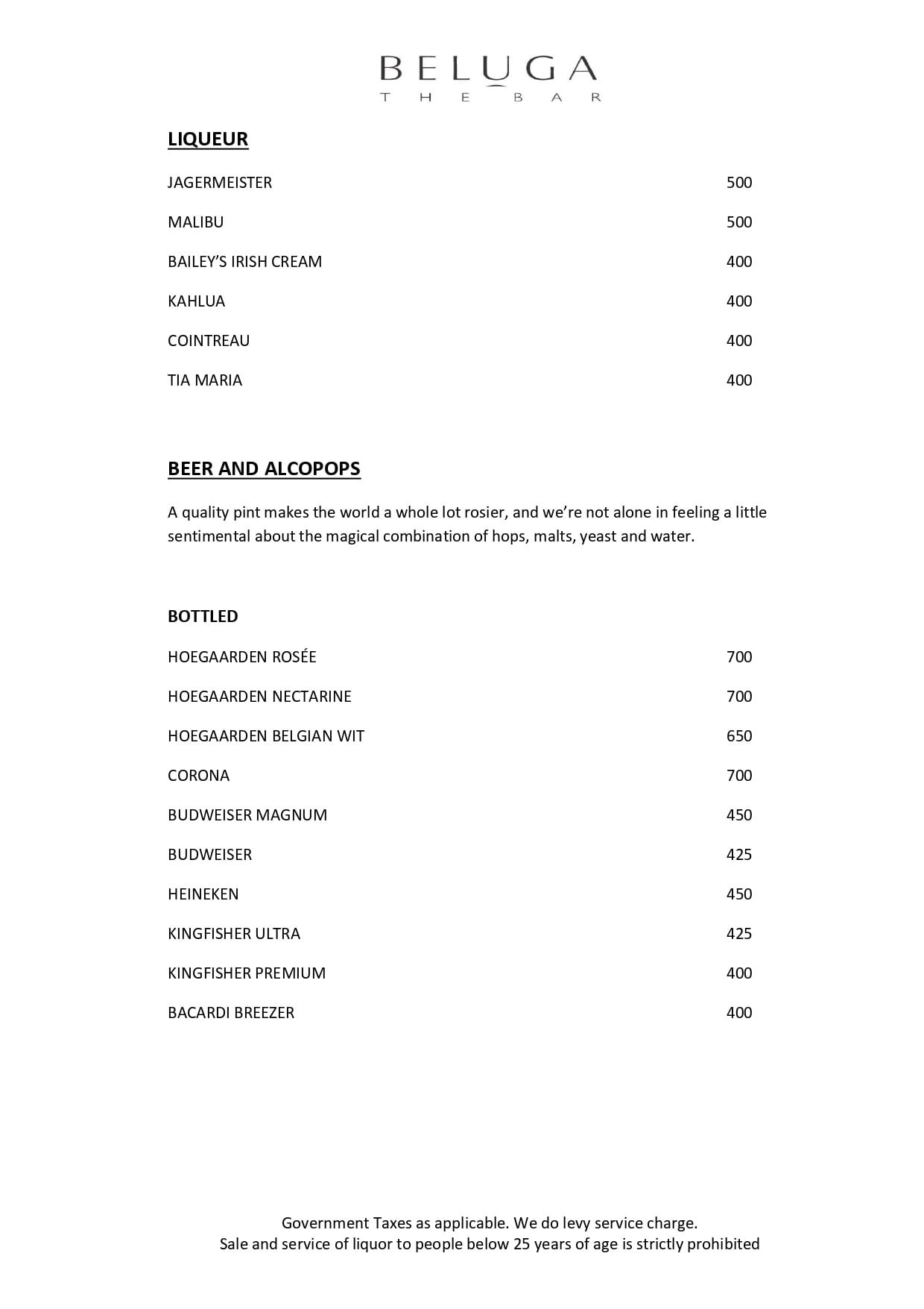 Dining Experience for Two at Beluga, Mumbai — Beverages menu