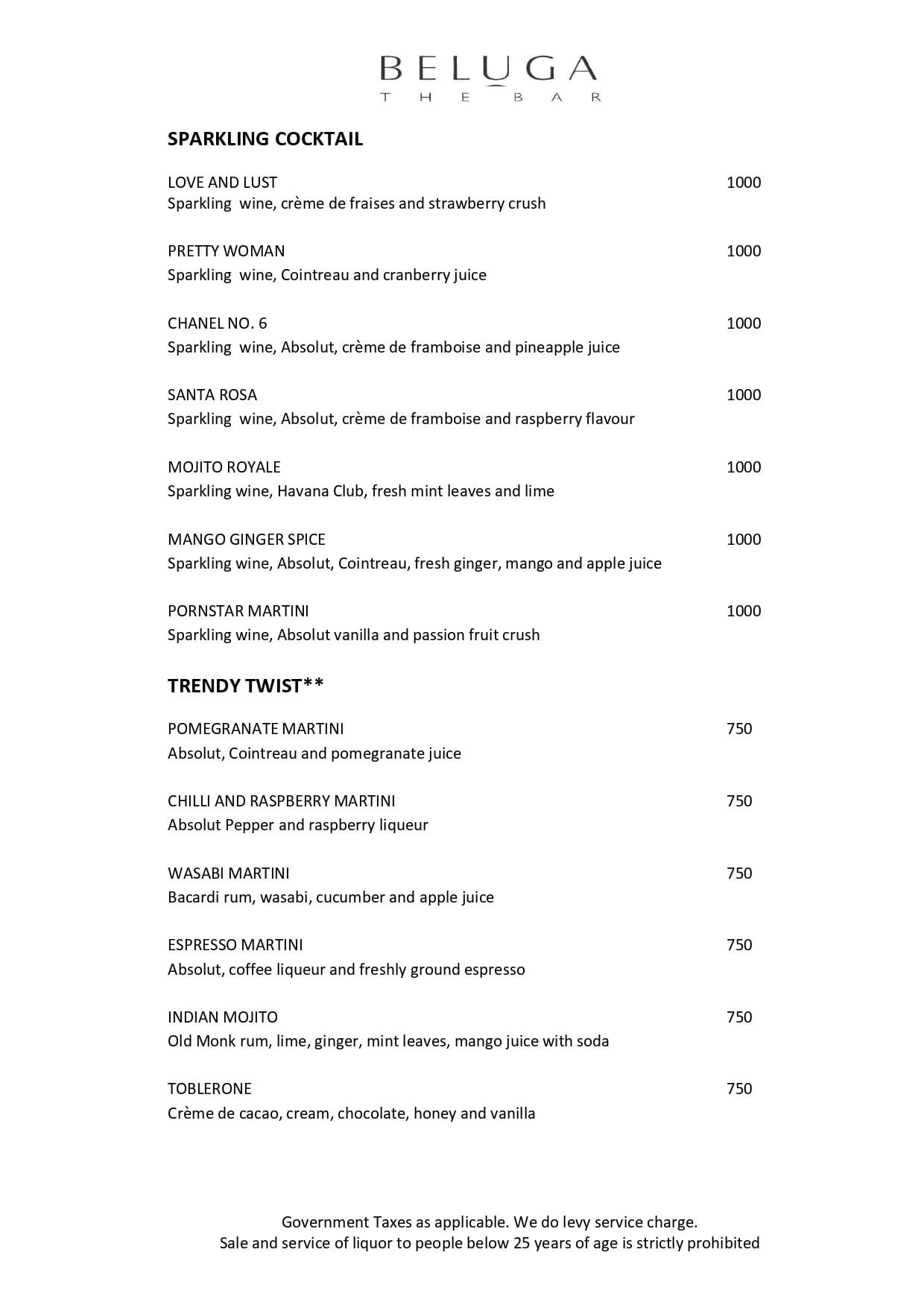 Dining Experience for Two at Beluga, Mumbai — Beverages menu