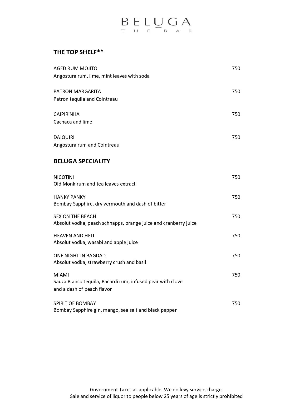 Dining Experience for Two at Beluga, Mumbai — Beverages menu