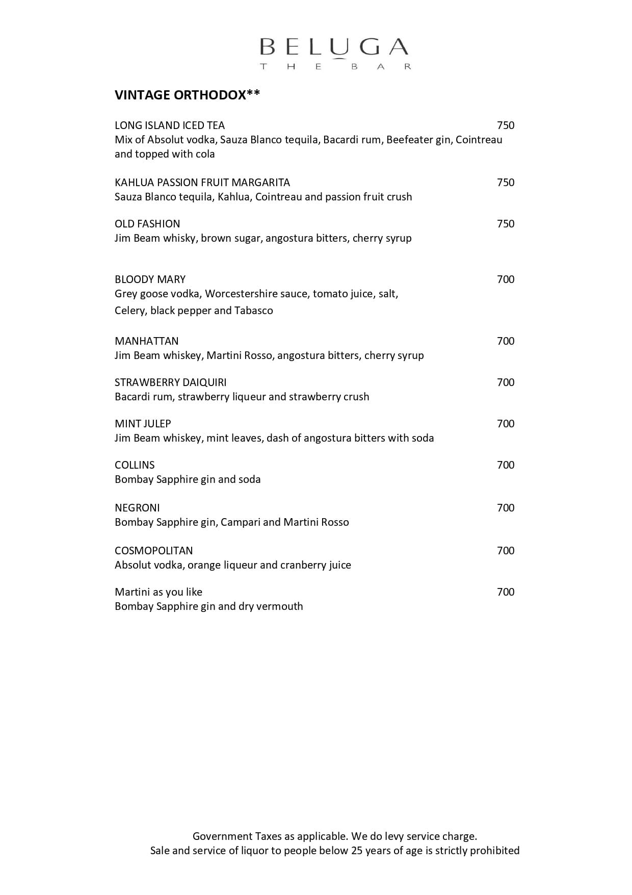 Dining Experience for Two at Beluga, Mumbai — Beverages menu