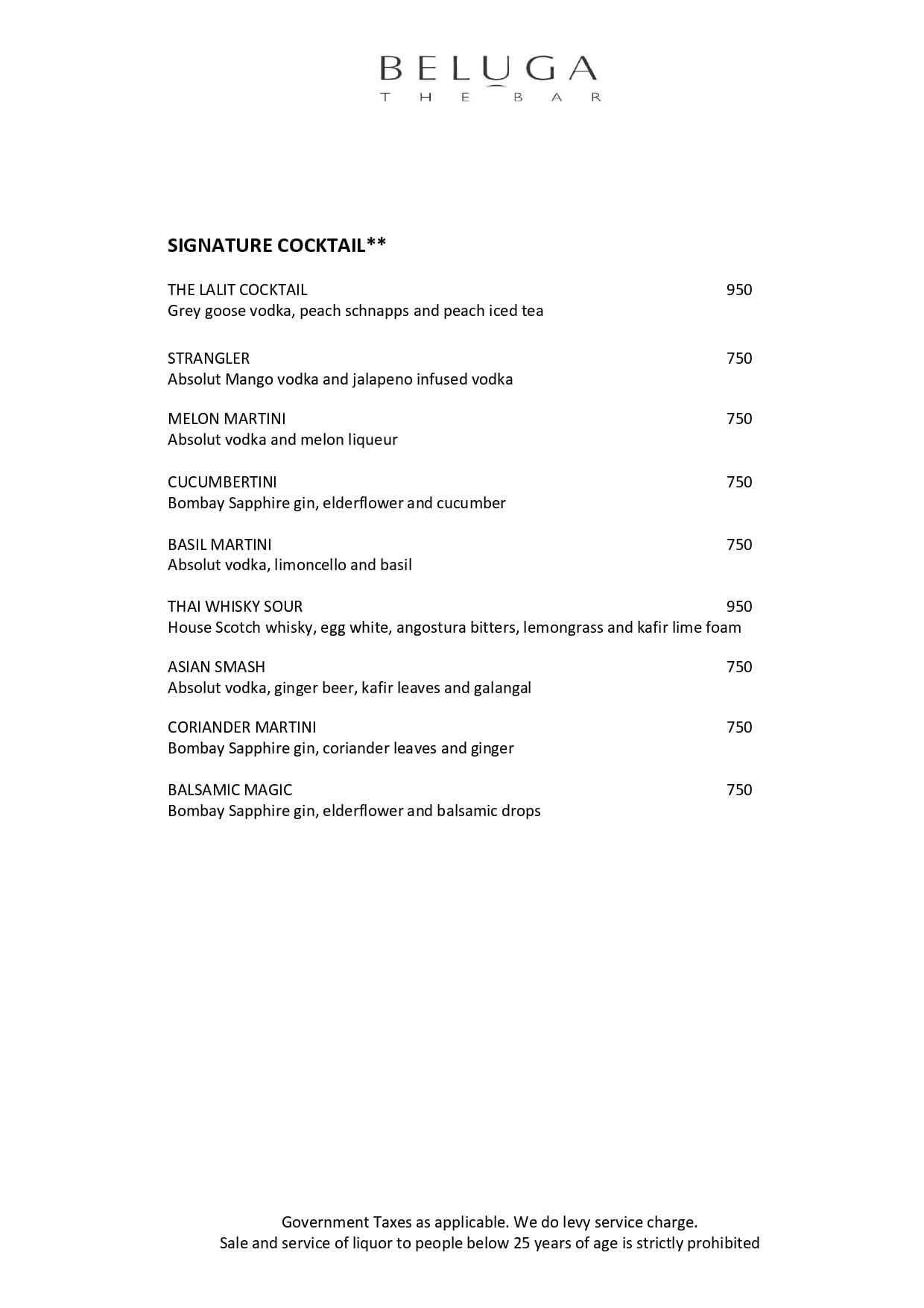 Dining Experience for Two at Beluga, Mumbai — Beverages menu