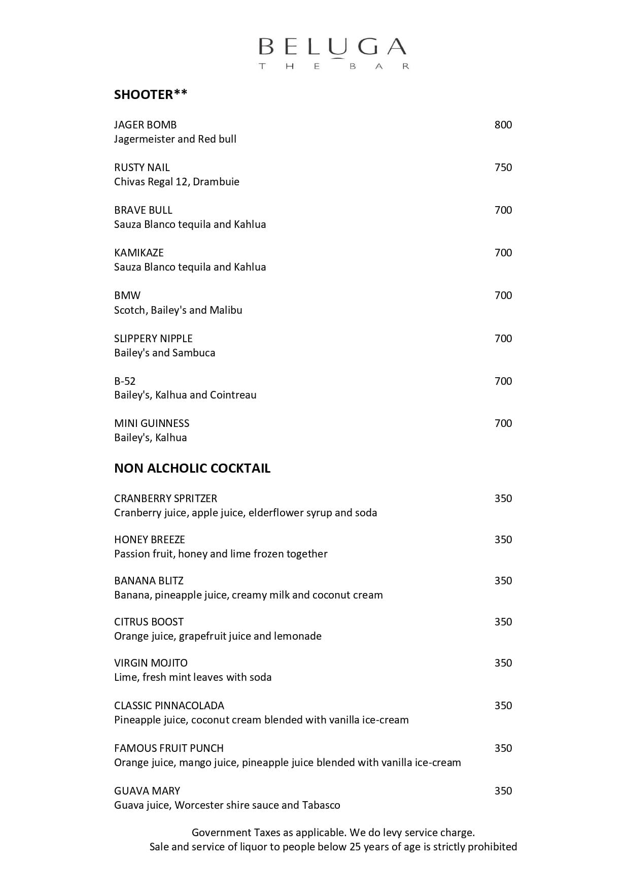 Dining Experience for Two at Beluga, Mumbai — Beverages menu