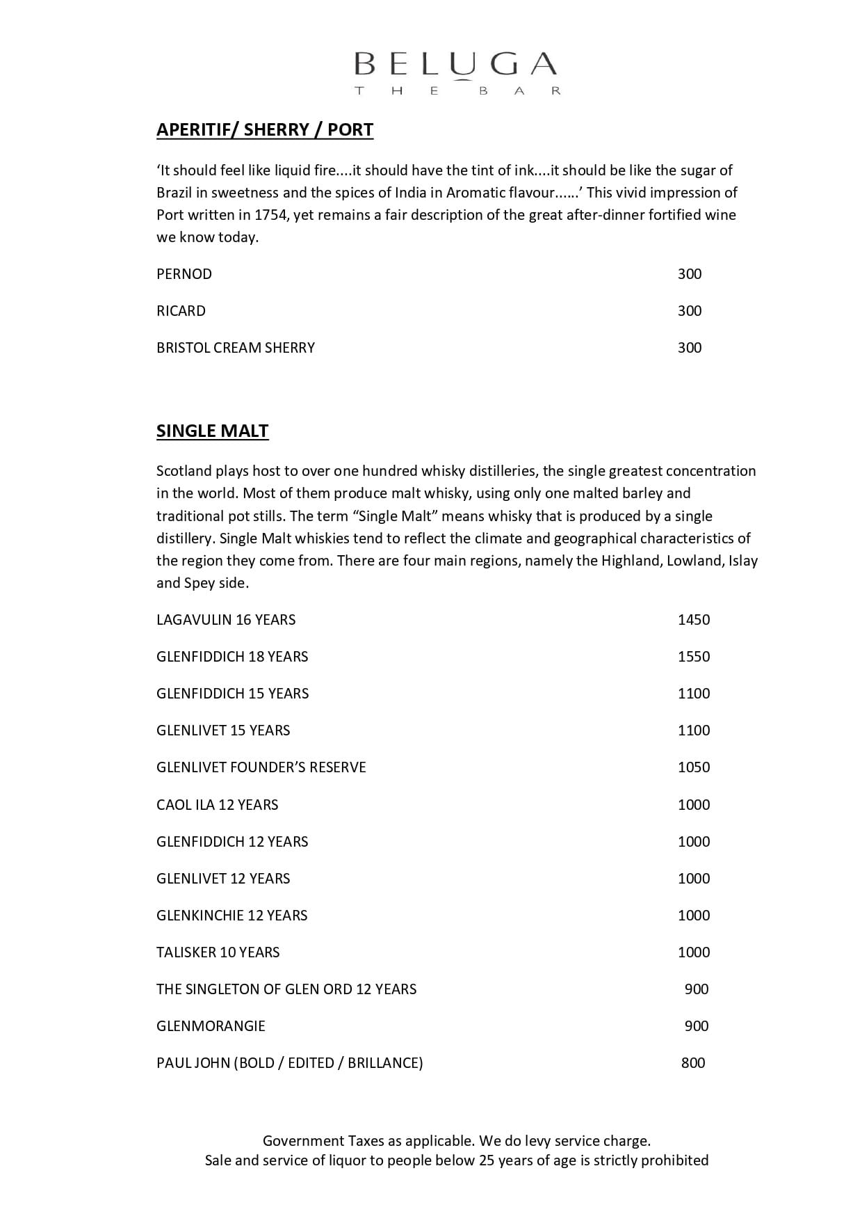 Dining Experience for Two at Beluga, Mumbai — Beverages menu