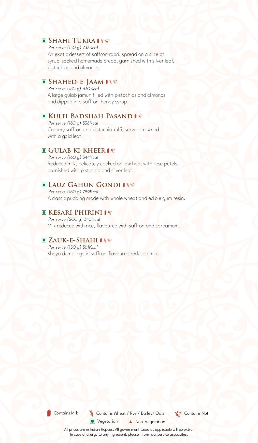 Dining Experience for Two at Dum Pukht, Mumbai — Food menu