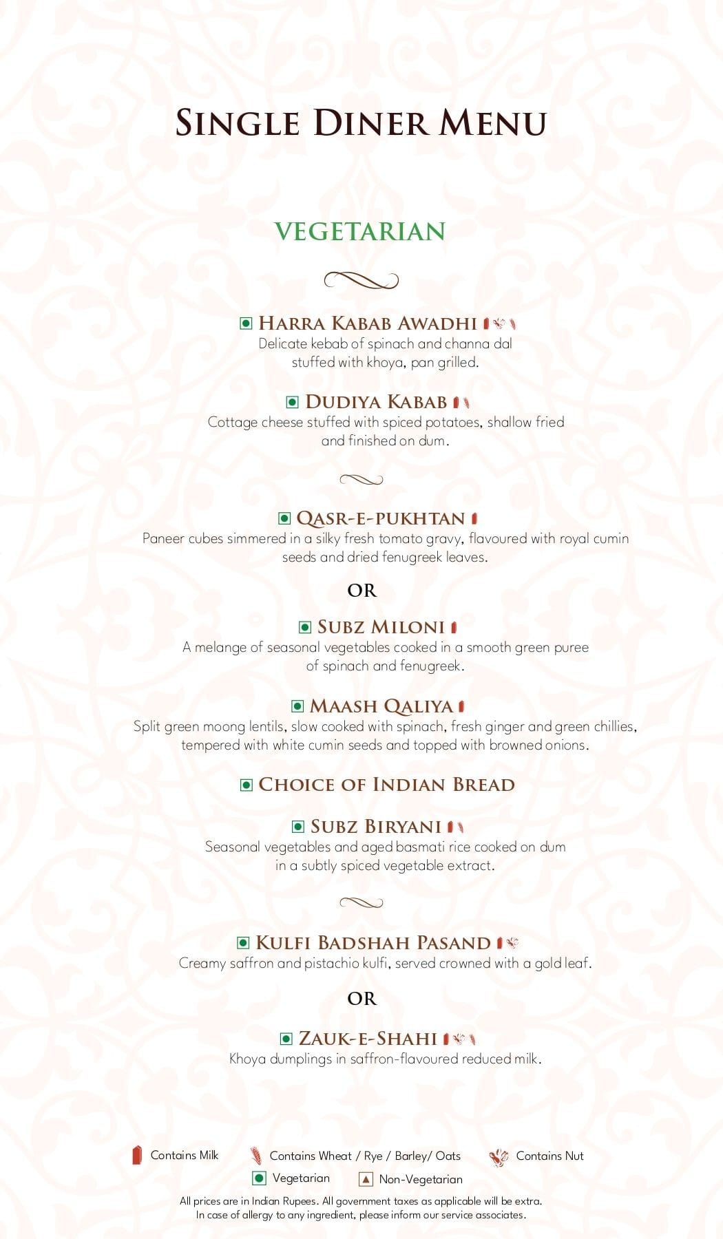 Dining Experience for Two at Dum Pukht, Mumbai — Food menu