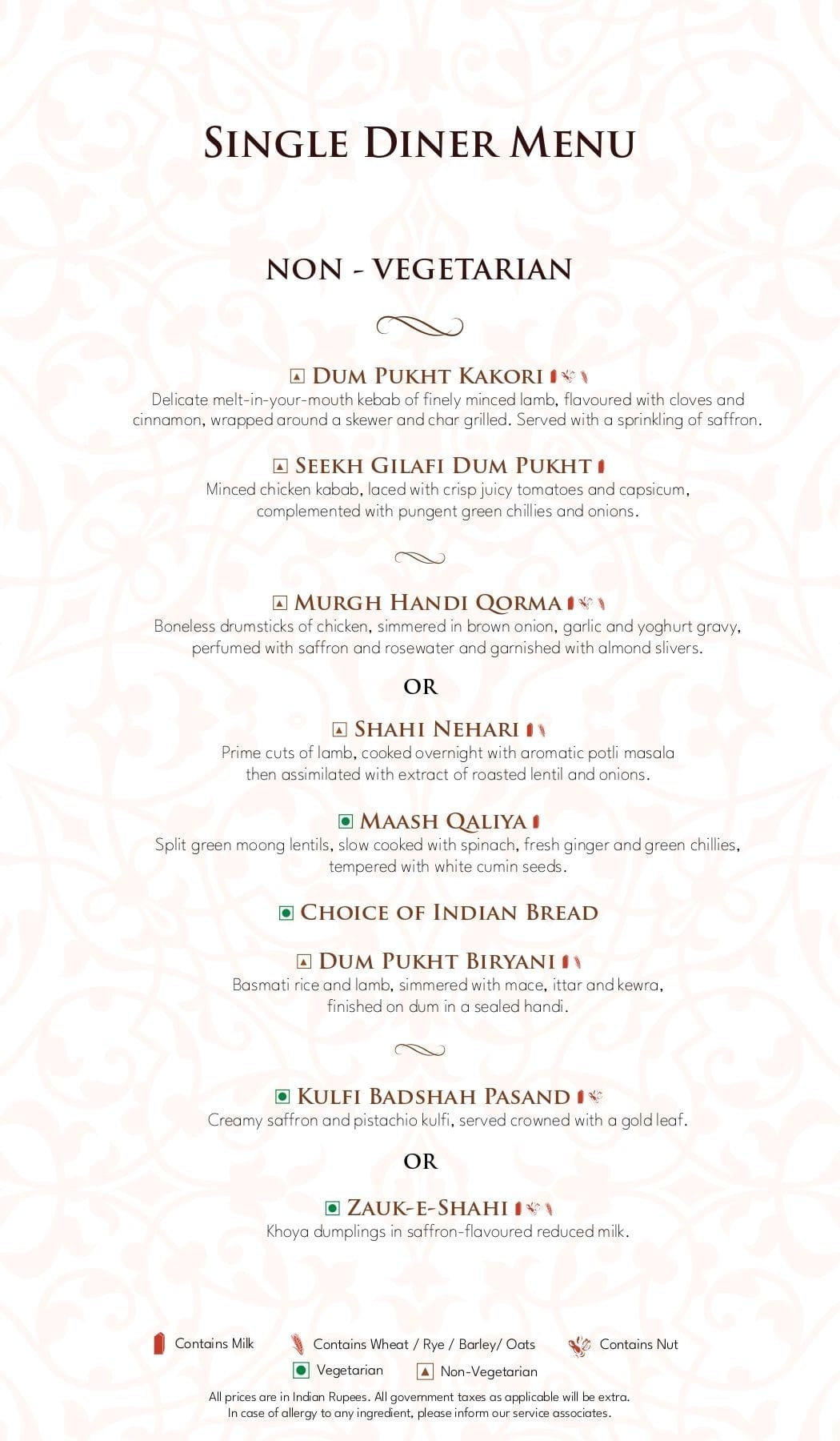 Dining Experience for Two at Dum Pukht, Mumbai — Food menu