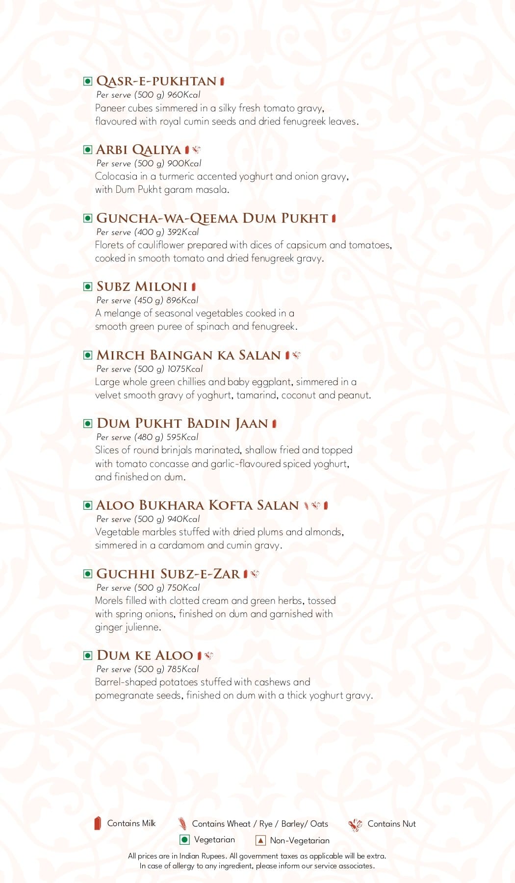 Dining Experience for Two at Dum Pukht, Mumbai — Food menu