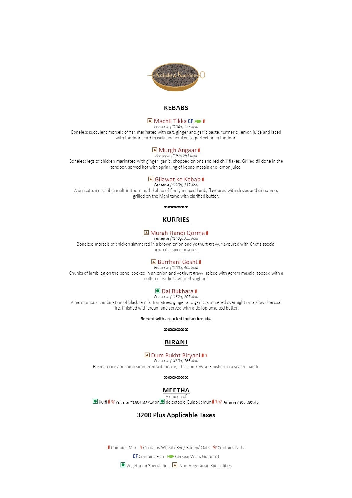 Dining Experience for Two at Kebabs & Kurries - ITC Grand Central, Mumbai — Food menu