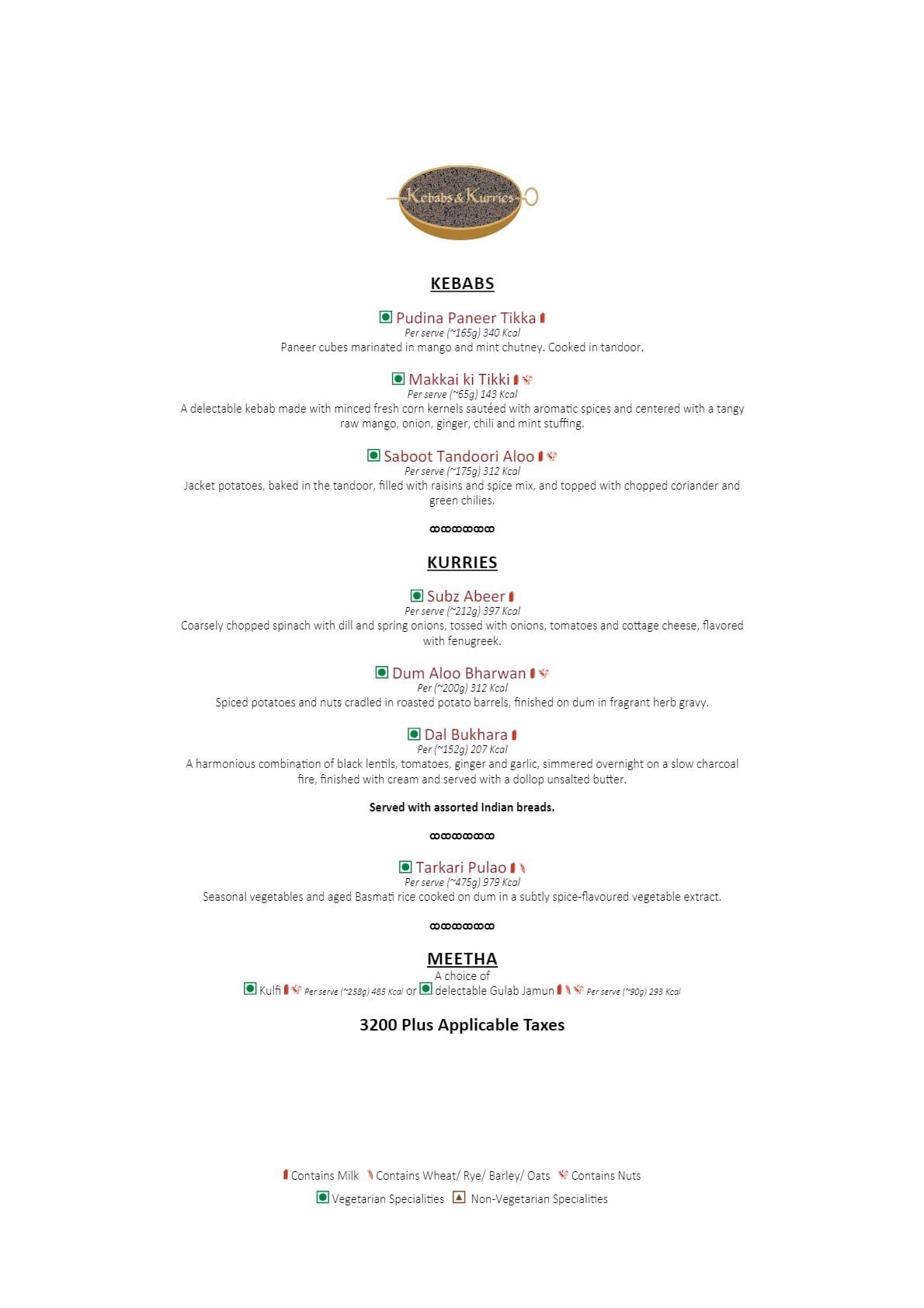 Dining Experience for Two at Kebabs & Kurries - ITC Grand Central, Mumbai — Food menu