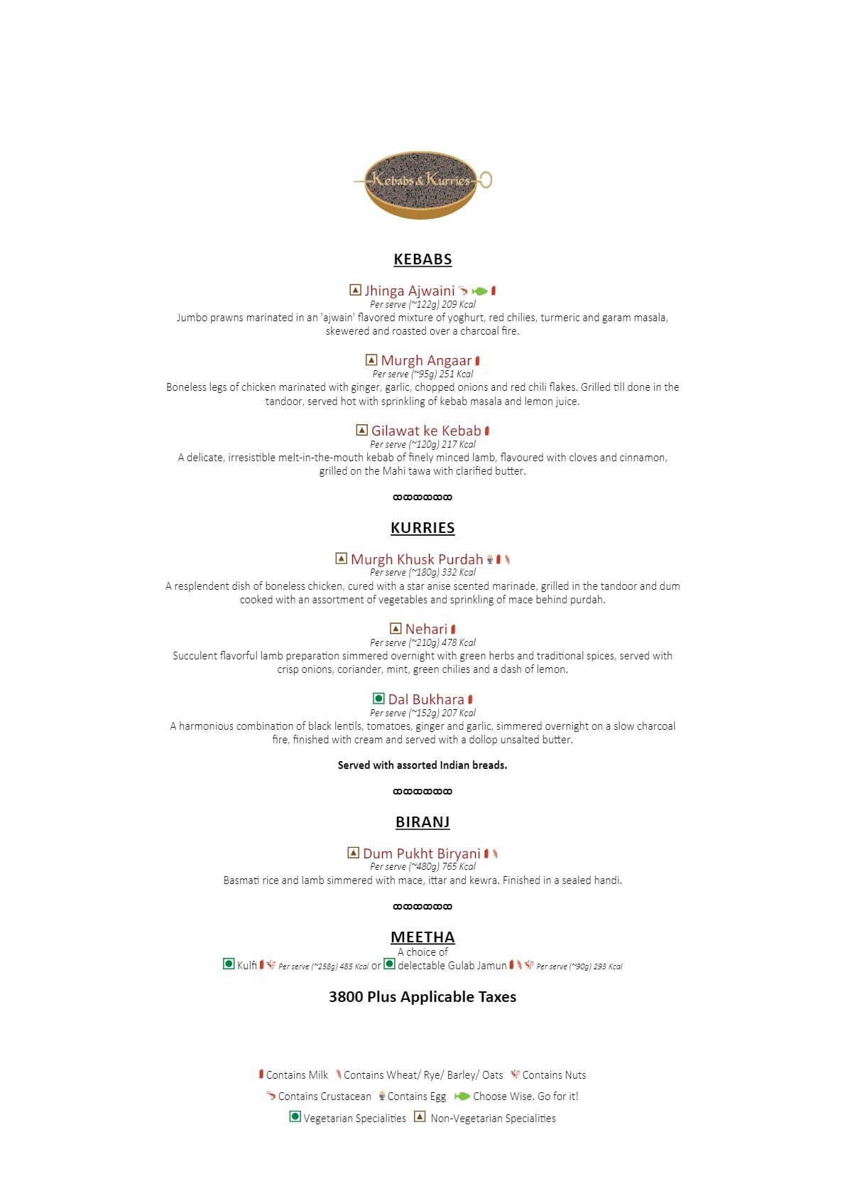 Dining Experience for Two at Kebabs & Kurries - ITC Grand Central, Mumbai — Food menu