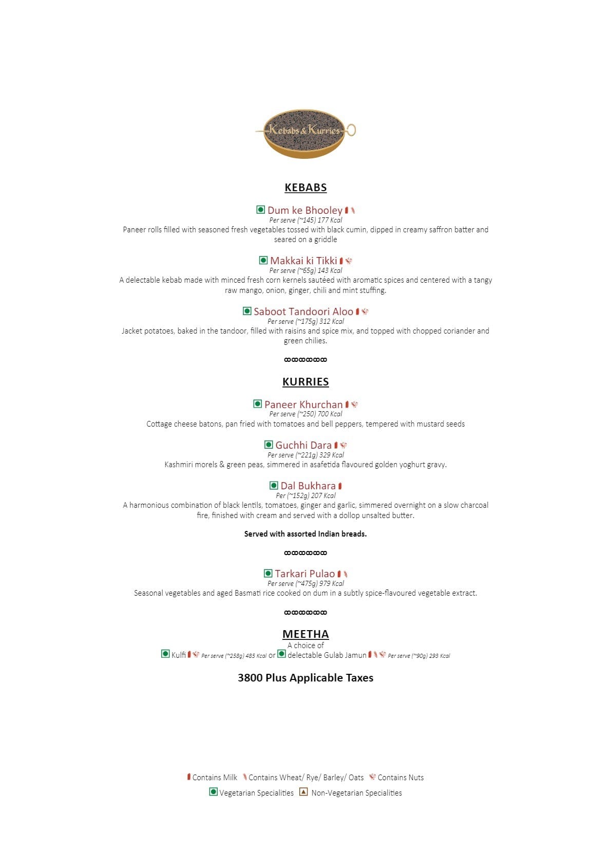 Dining Experience for Two at Kebabs & Kurries - ITC Grand Central, Mumbai — Food menu