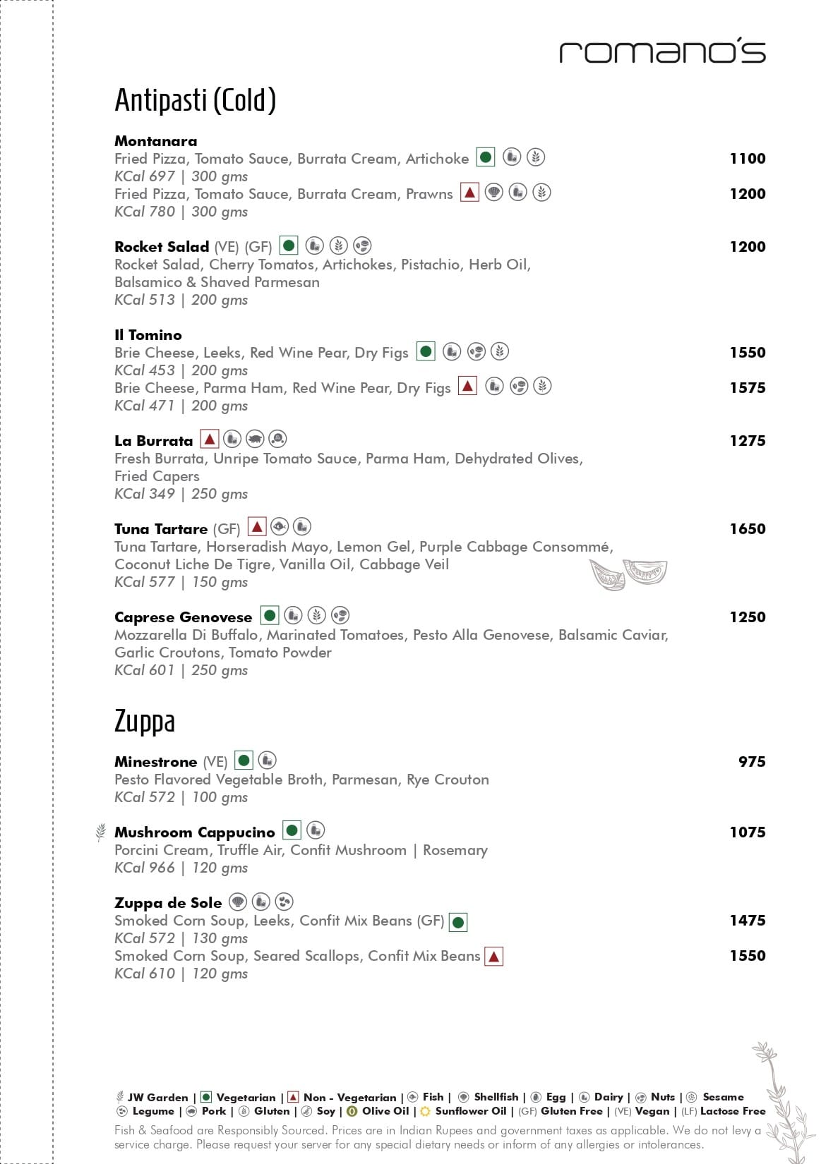 Dining Experience for Two at Romano's, Mumbai — Food menu