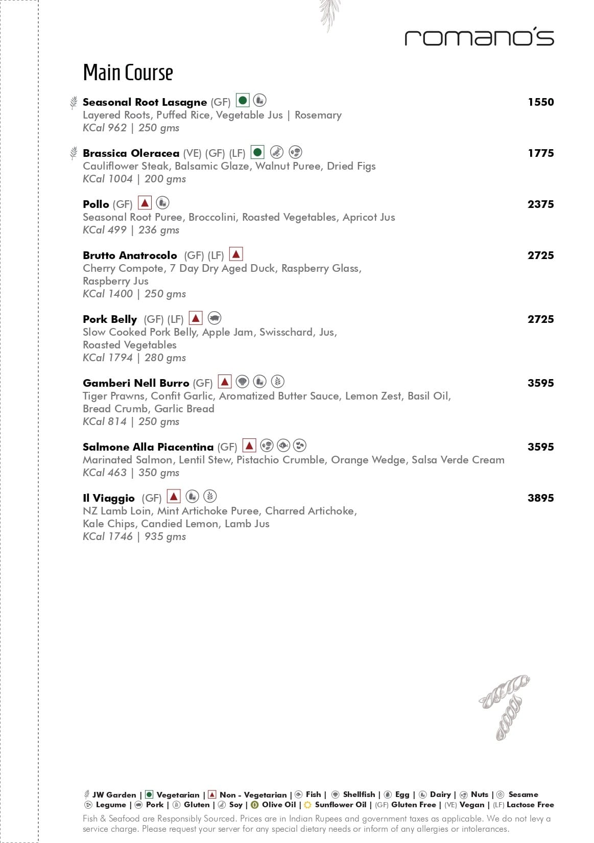 Dining Experience for Two at Romano's, Mumbai — Food menu