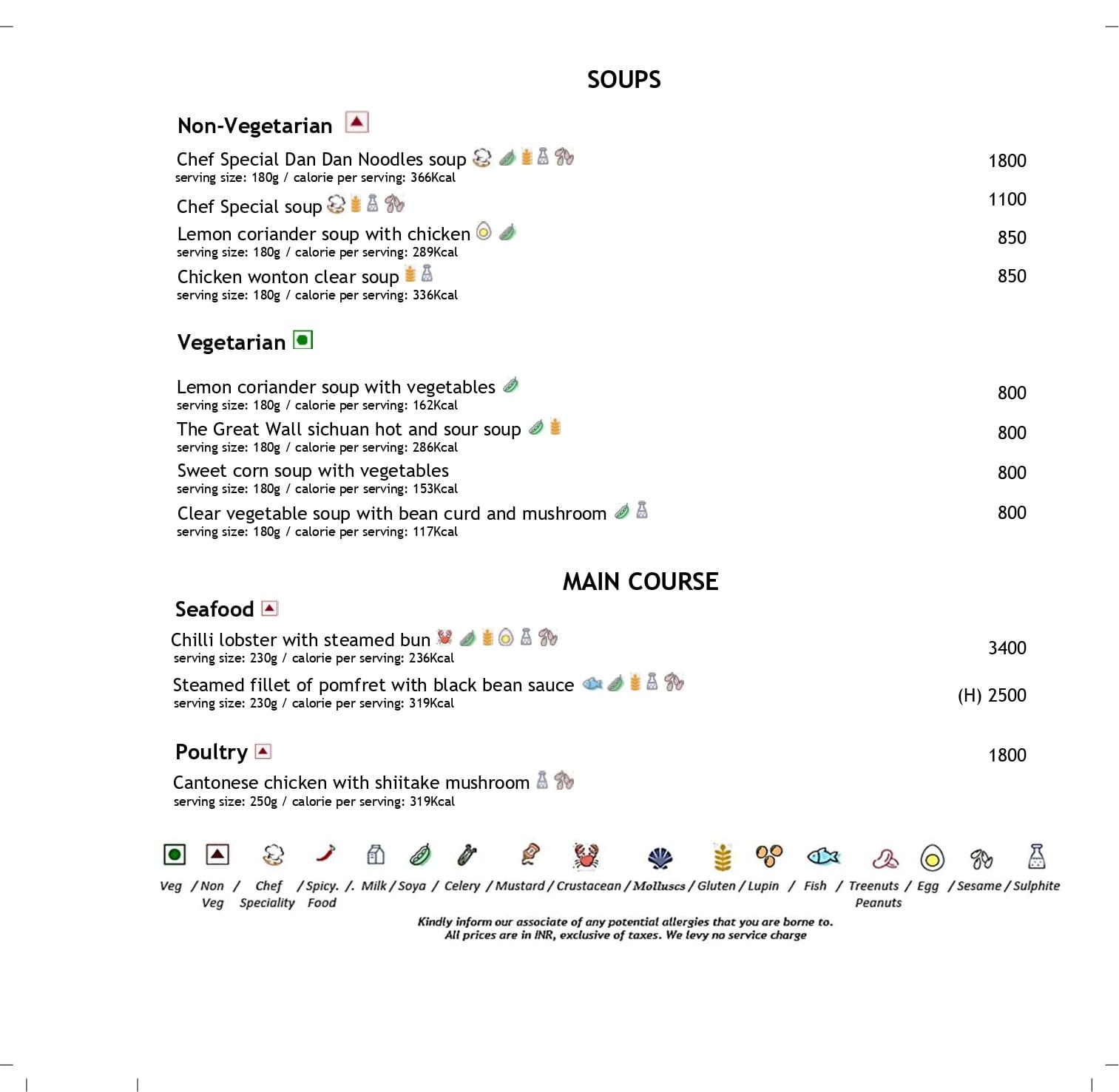 Dining Experience for Two at The Great Wall, Mumbai — Food menu