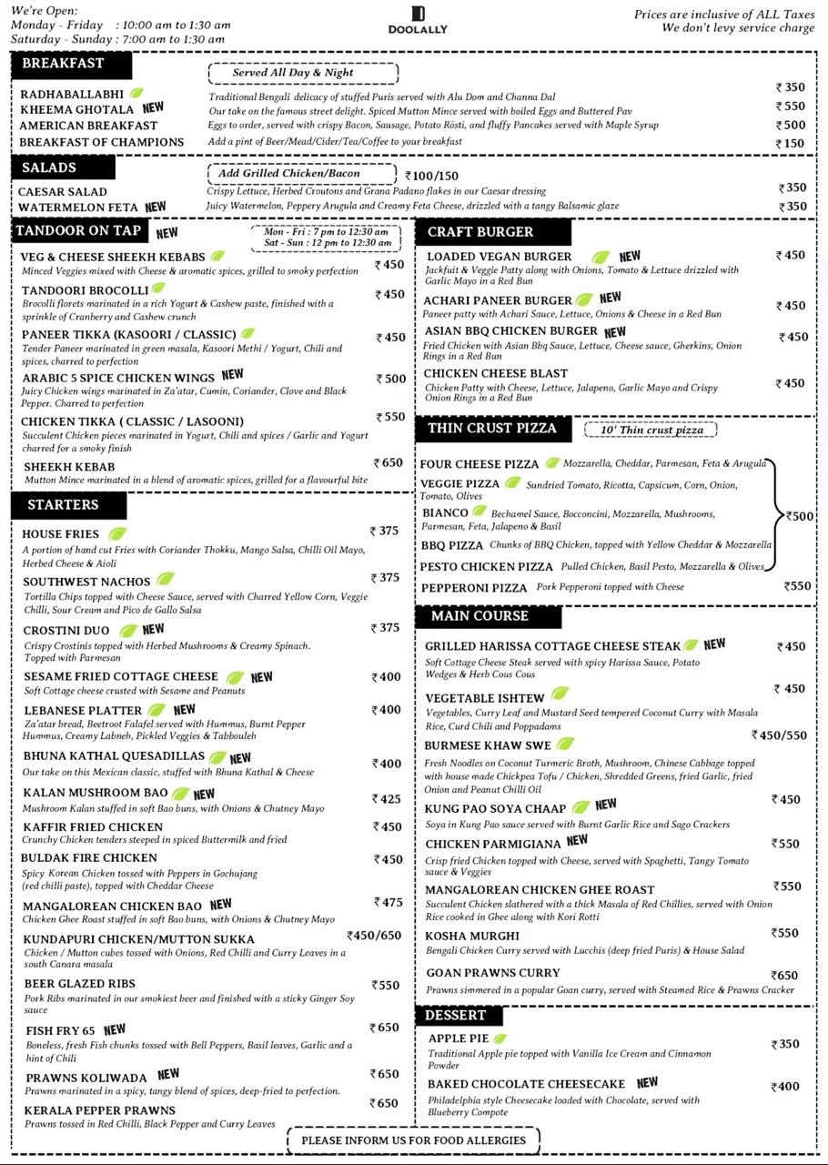 Menu of Doolally , Andheri West, Western Suburbs