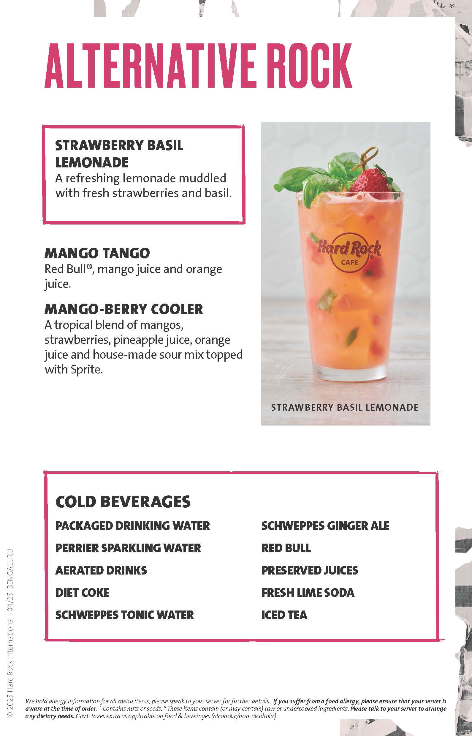 Dining Experience for Two at Hard Rock Cafe, Central Bengaluru — Beverages menu