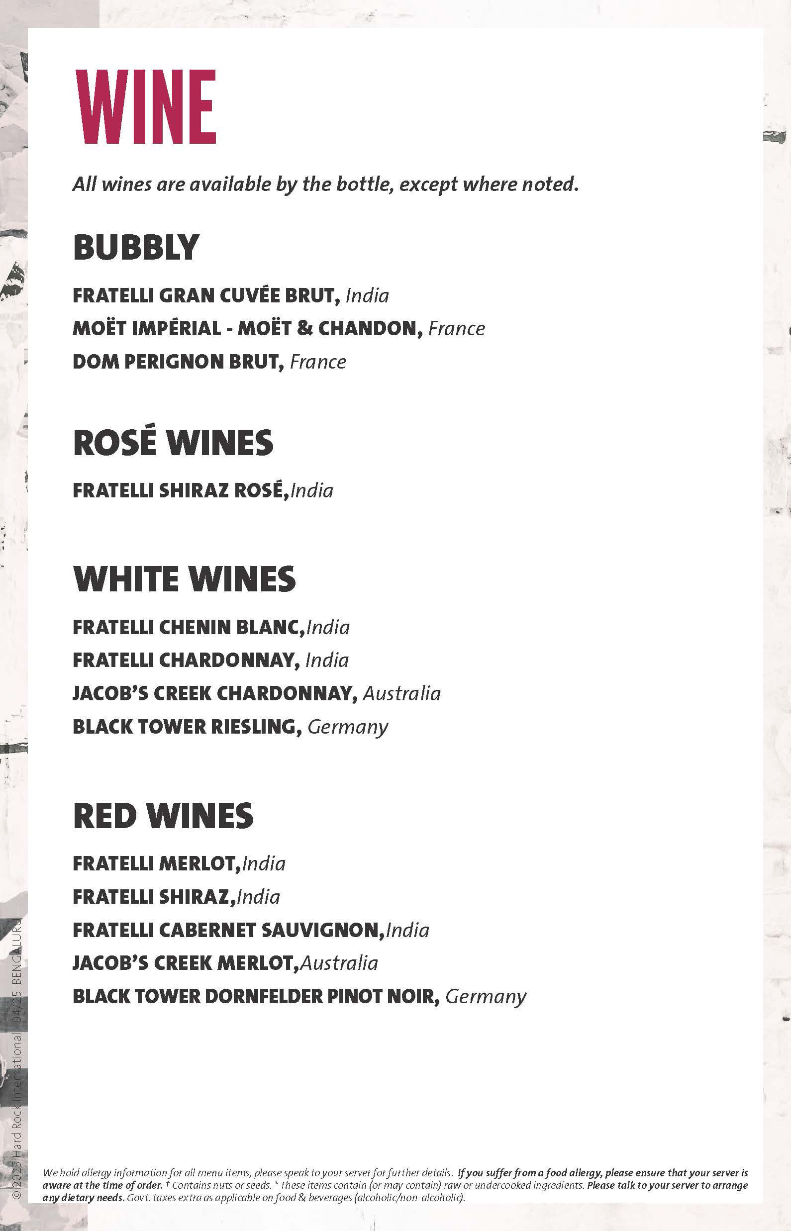 Dining Experience for Two at Hard Rock Cafe, Central Bengaluru — Beverages menu