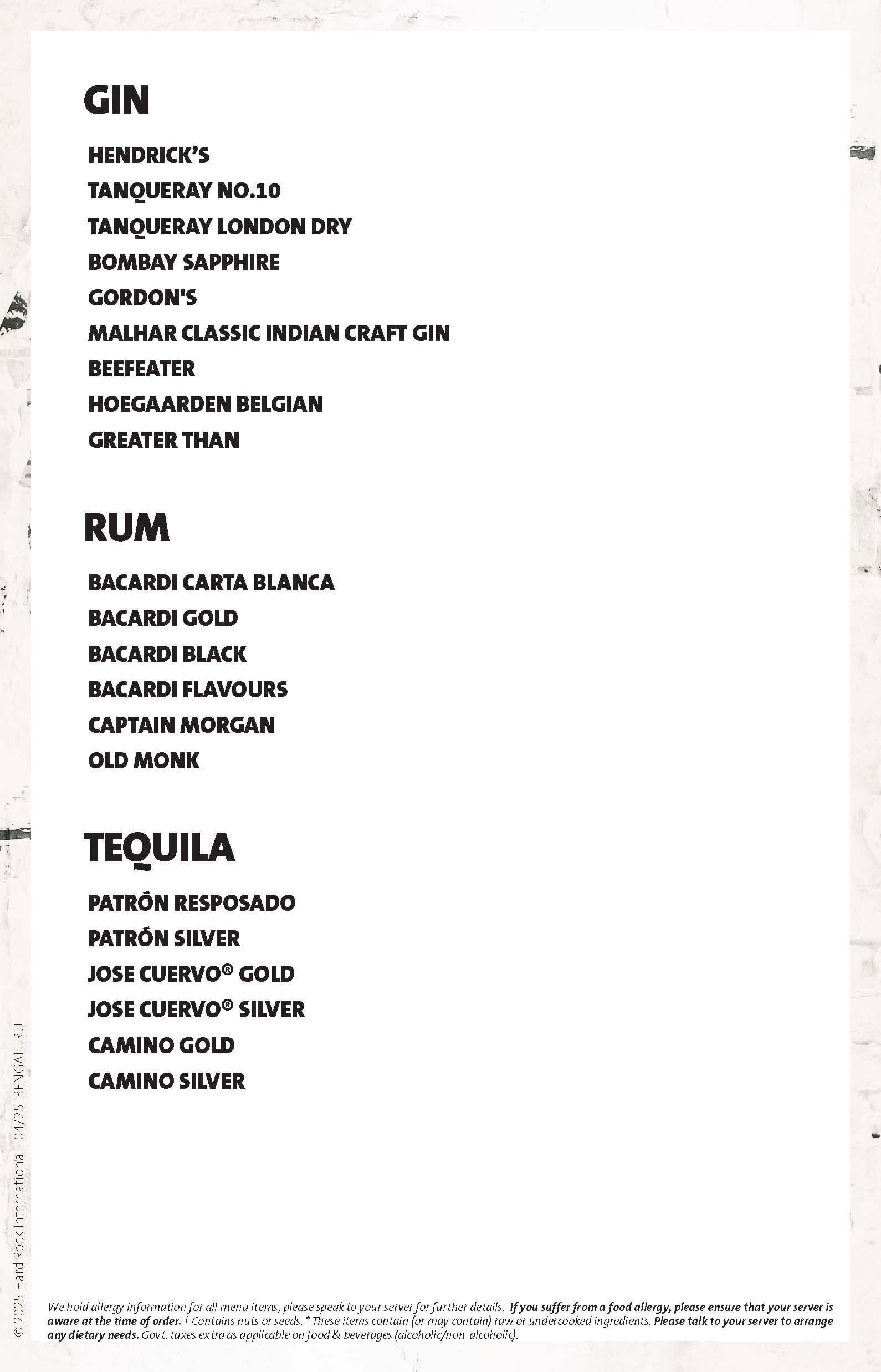 Dining Experience for Two at Hard Rock Cafe, Central Bengaluru — Beverages menu