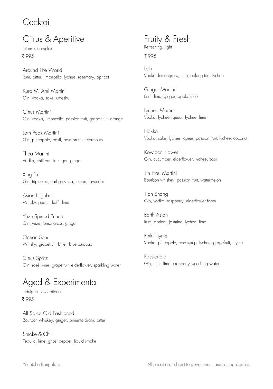 Dining Experience for Two at Yauatcha, MG Road — Beverages menu