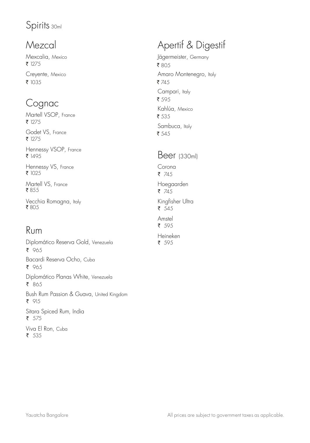 Dining Experience for Two at Yauatcha, MG Road — Beverages menu