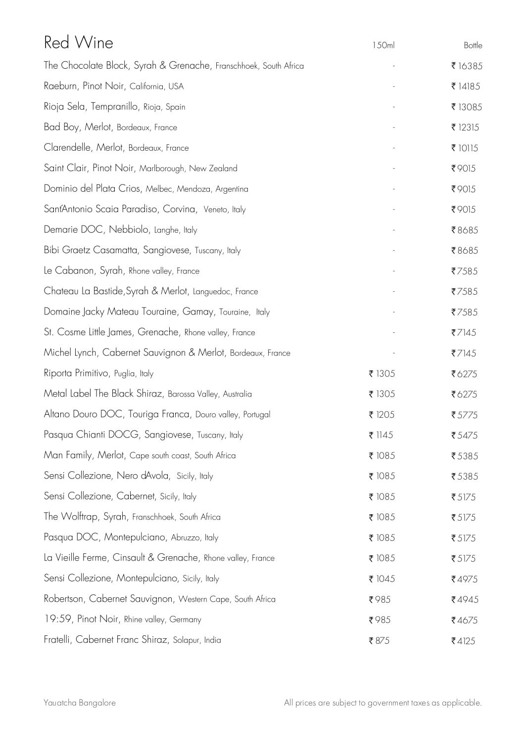 Dining Experience for Two at Yauatcha, MG Road — Beverages menu