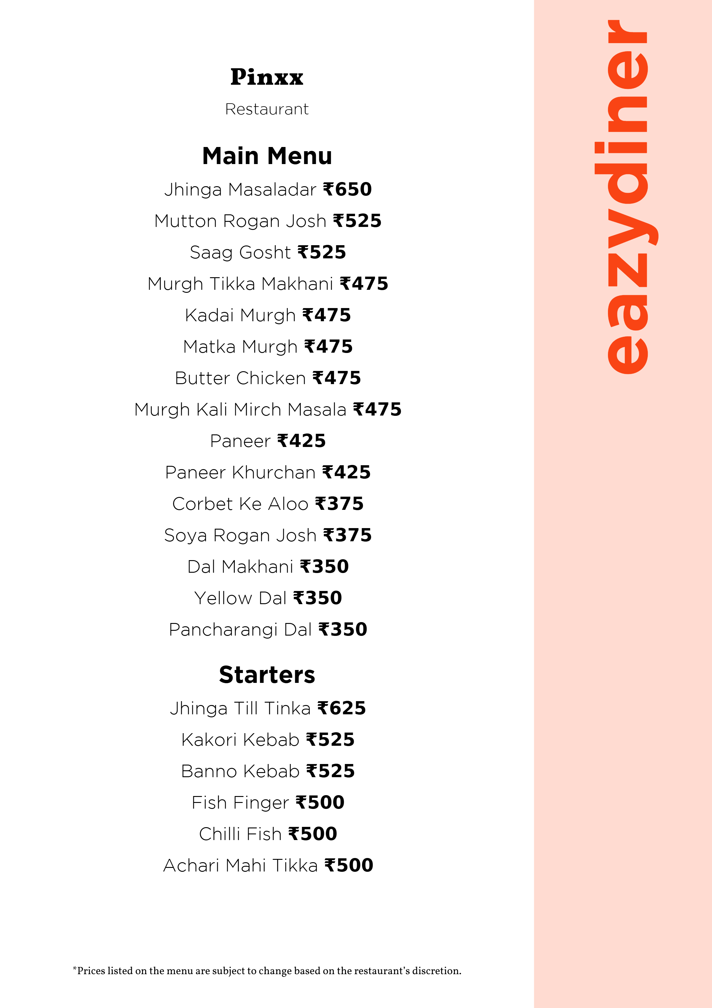 Dining Experience for Two at Pinxx, Bengaluru — Food menu