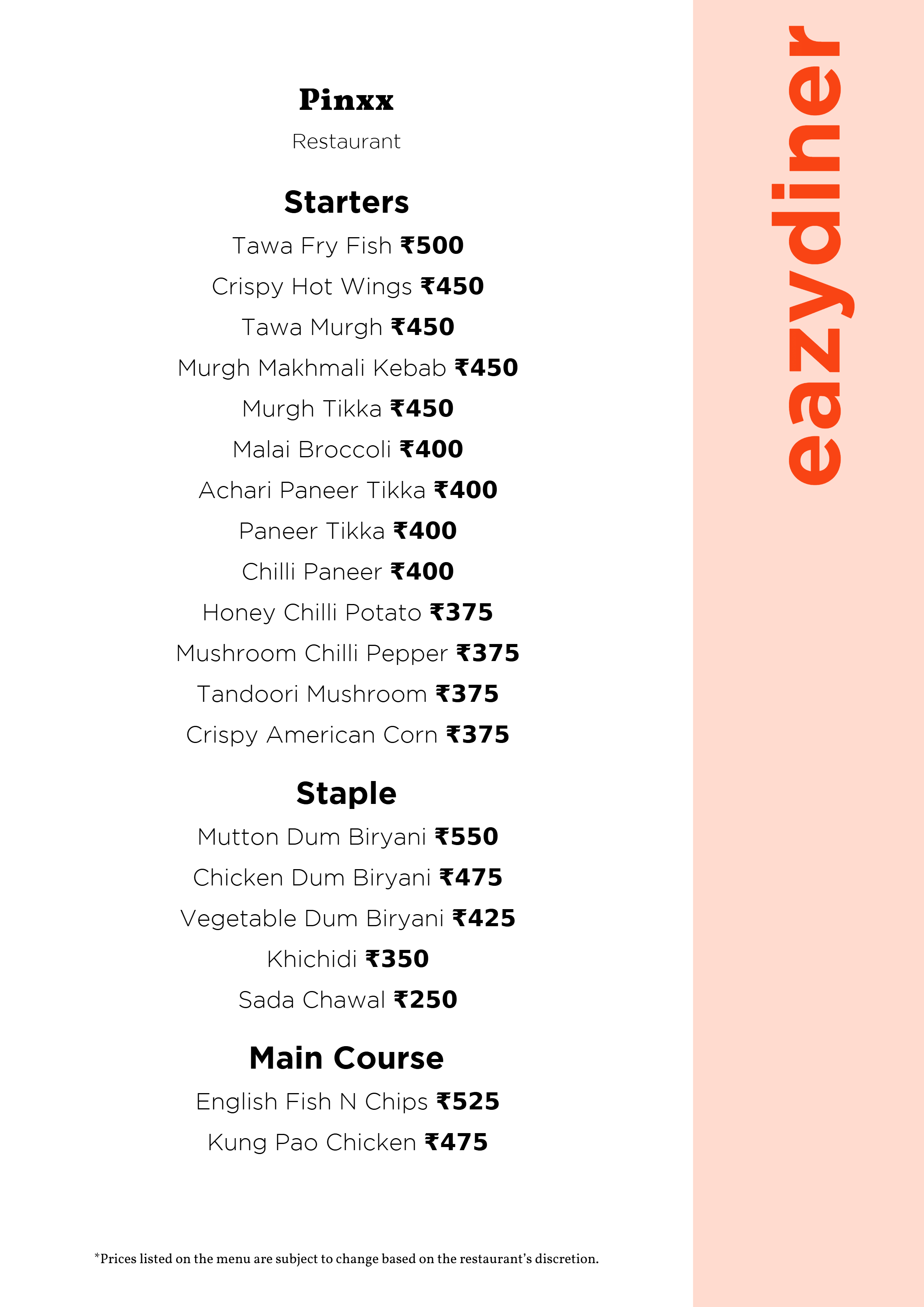 Dining Experience for Two at Pinxx, Bengaluru — Food menu