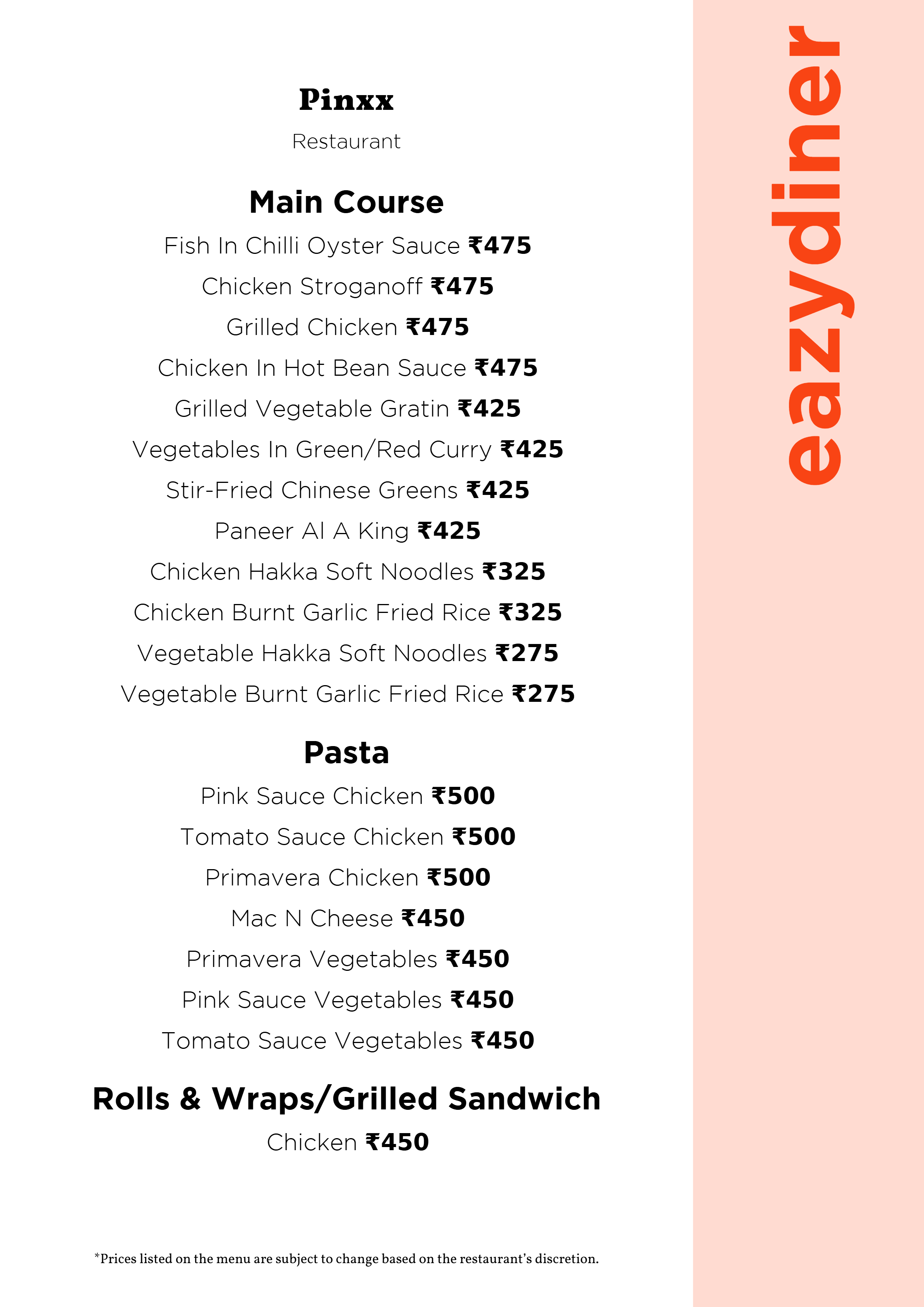 Dining Experience for Two at Pinxx, Bengaluru — Food menu