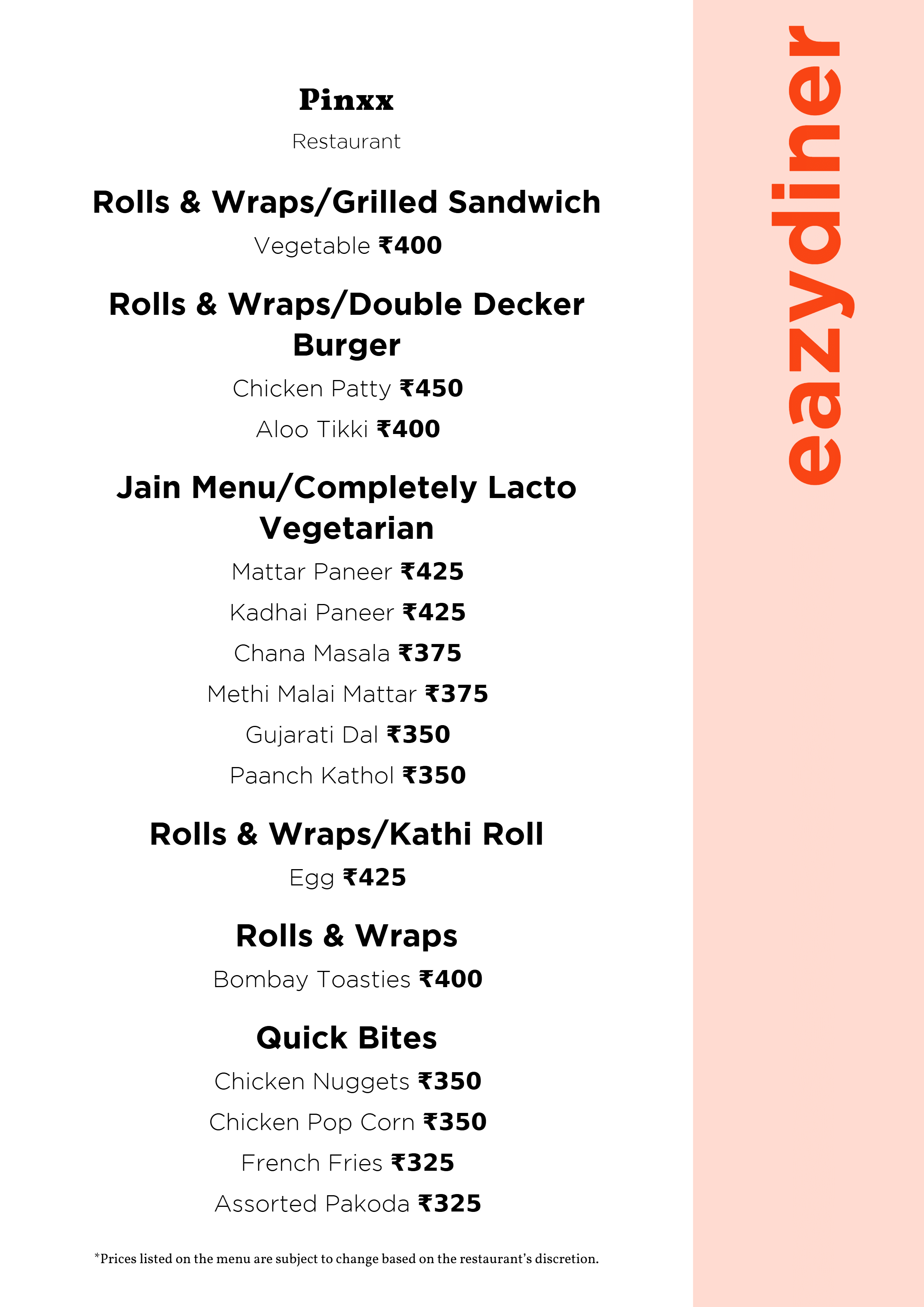 Dining Experience for Two at Pinxx, Bengaluru — Food menu