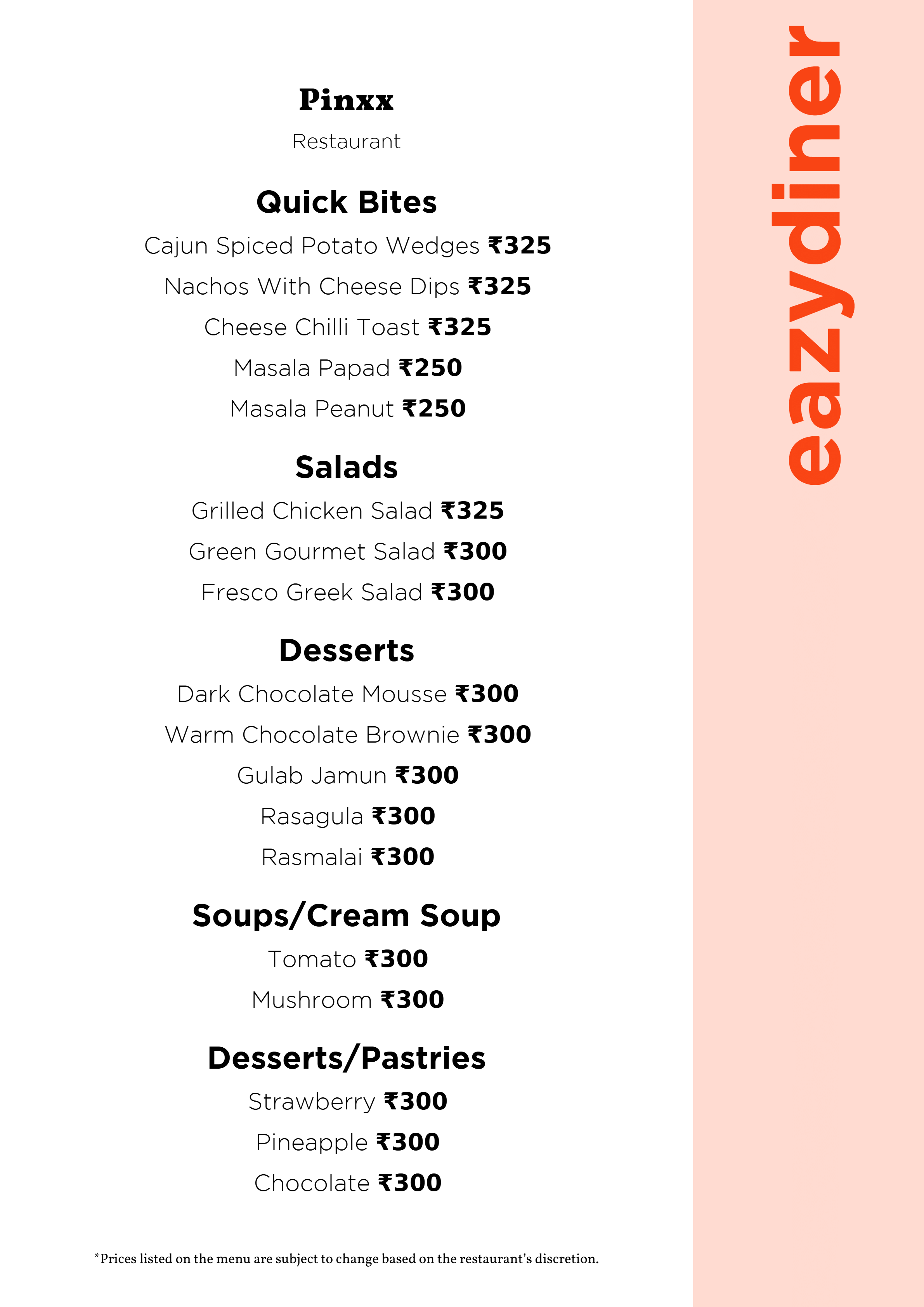 Dining Experience for Two at Pinxx, Bengaluru — Food menu